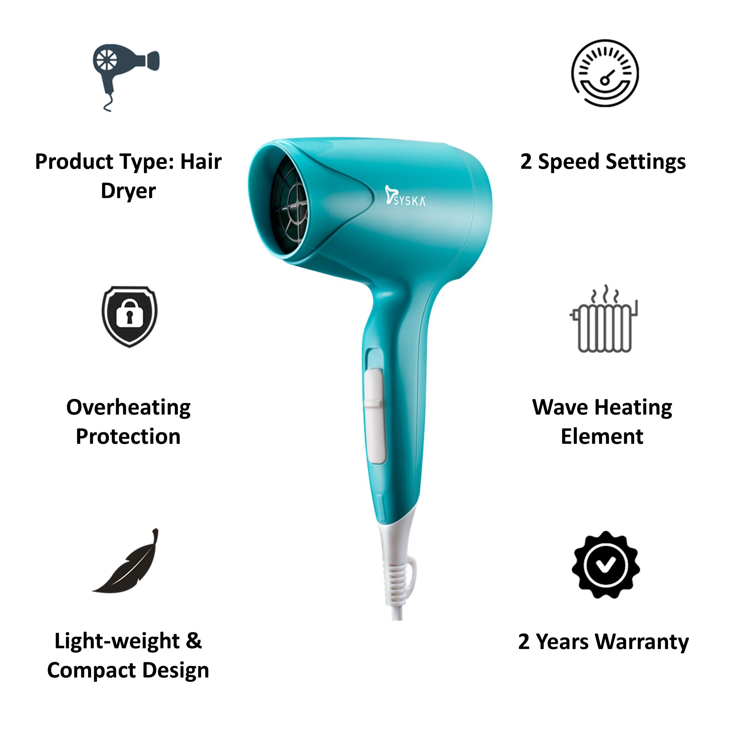 SYSKA Hair Dryer (Overheating Protection, Teal)_6