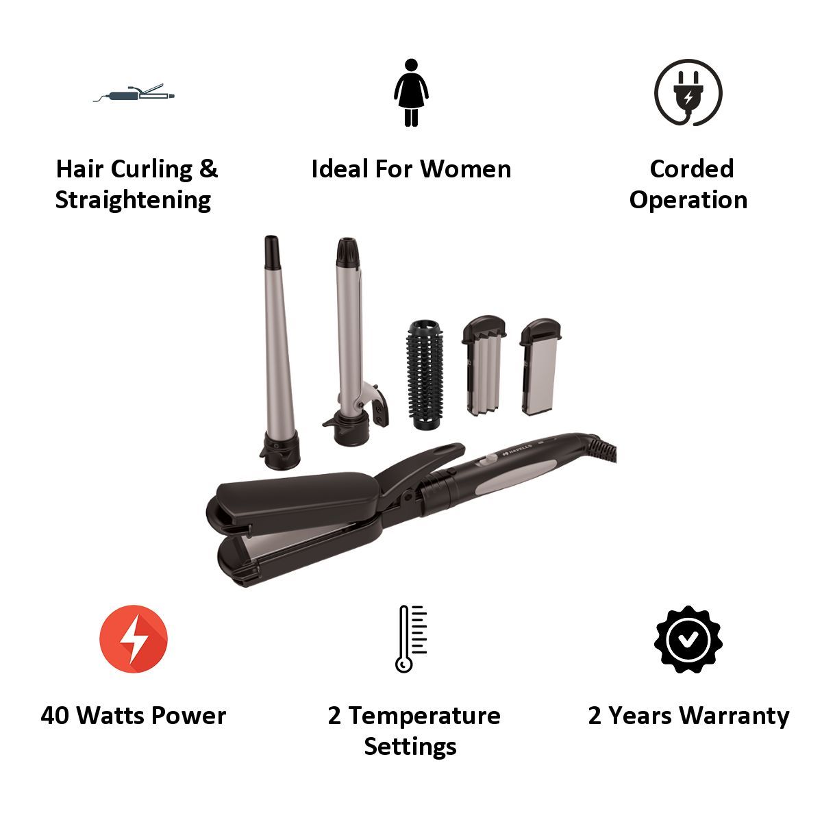 HAVELLS Supersonic 5-in-1 Hair Styler with 2 Temperature Settings (LED Indicator, Black)_3
