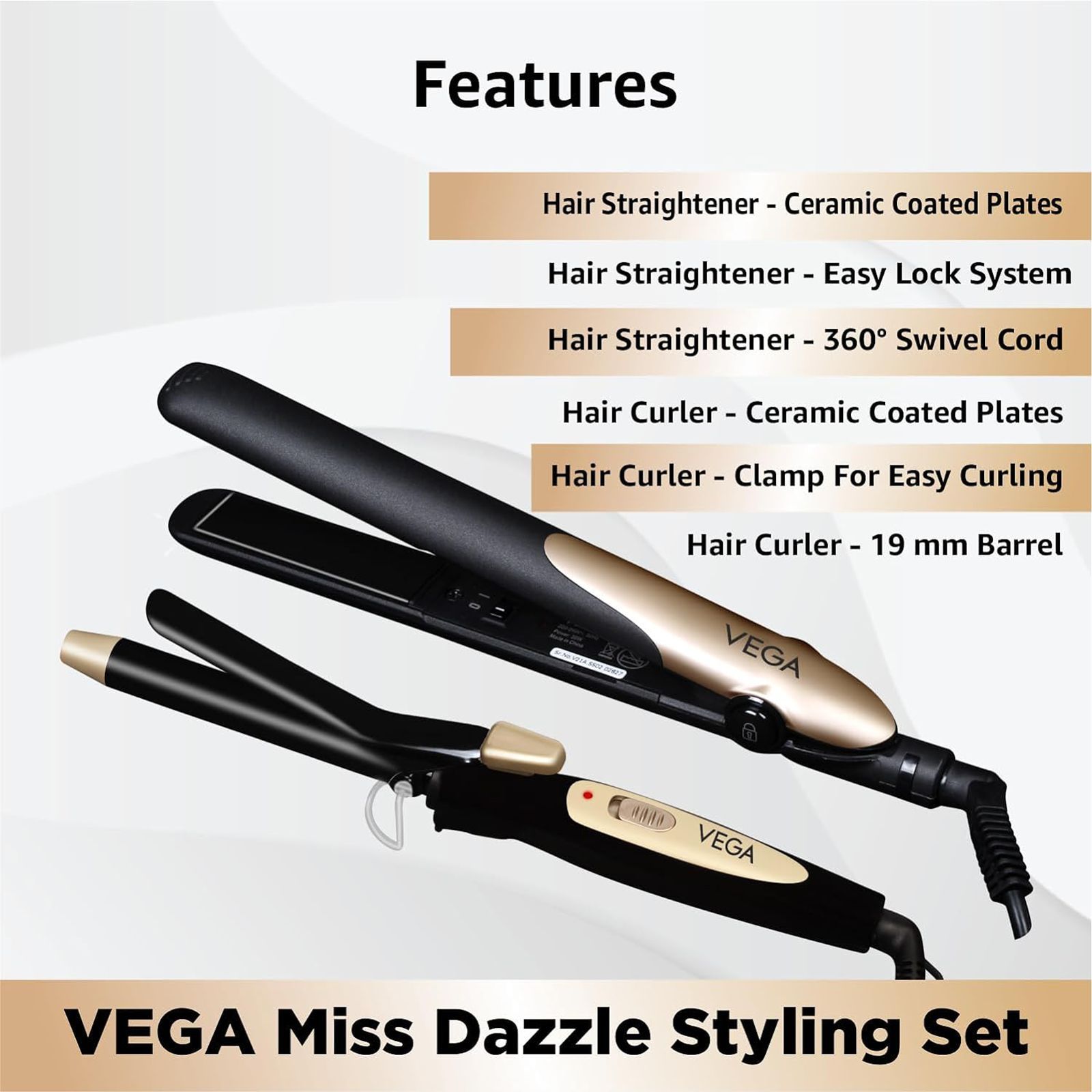VEGA Miss Dazzle Hair Styler with Ceramic Coating Technology (LED Indicator, Black & Gold)_3