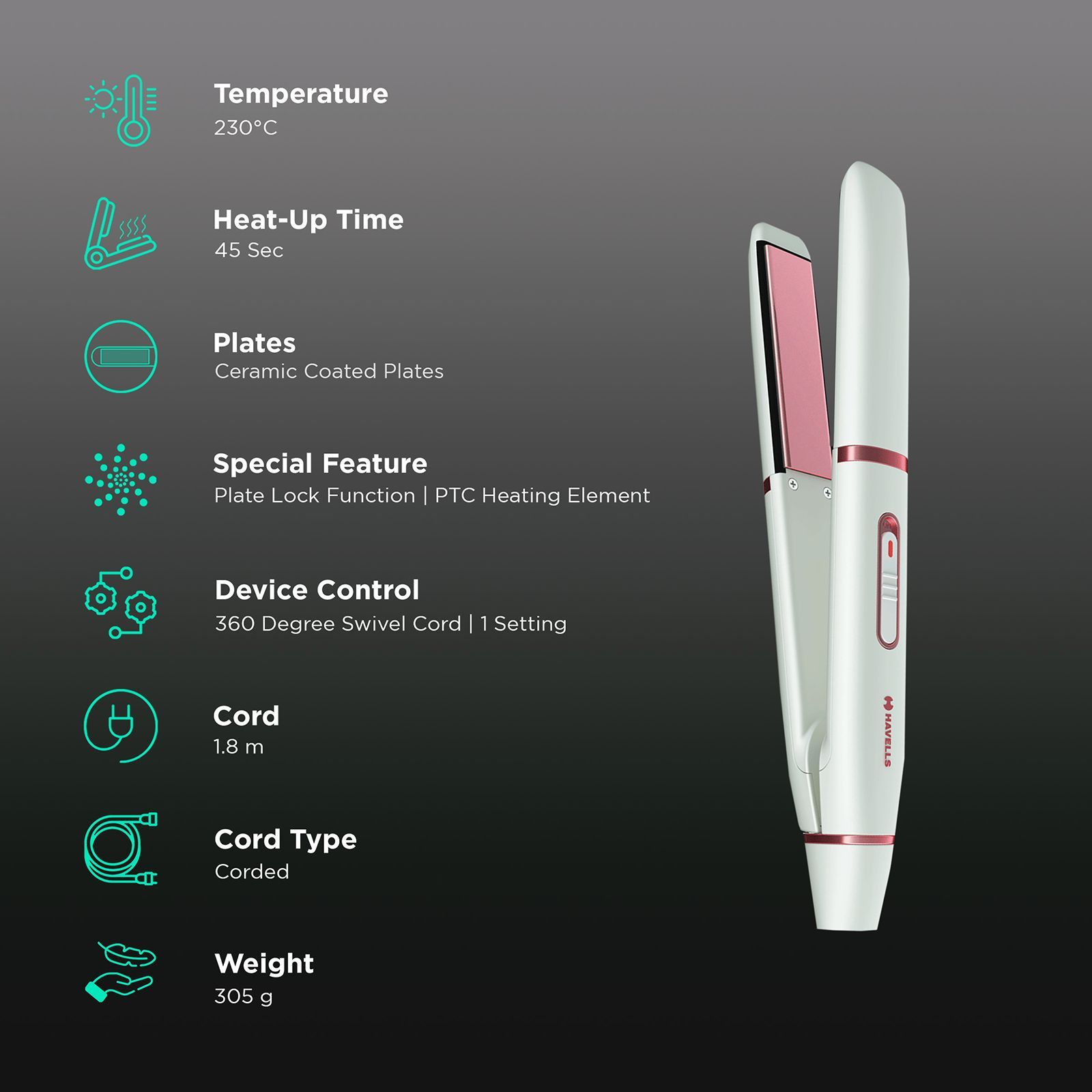 HAVELLS HS4109 Hair Straightener with LED Indicator (Floating Ceramic Coated Plates, White)_3