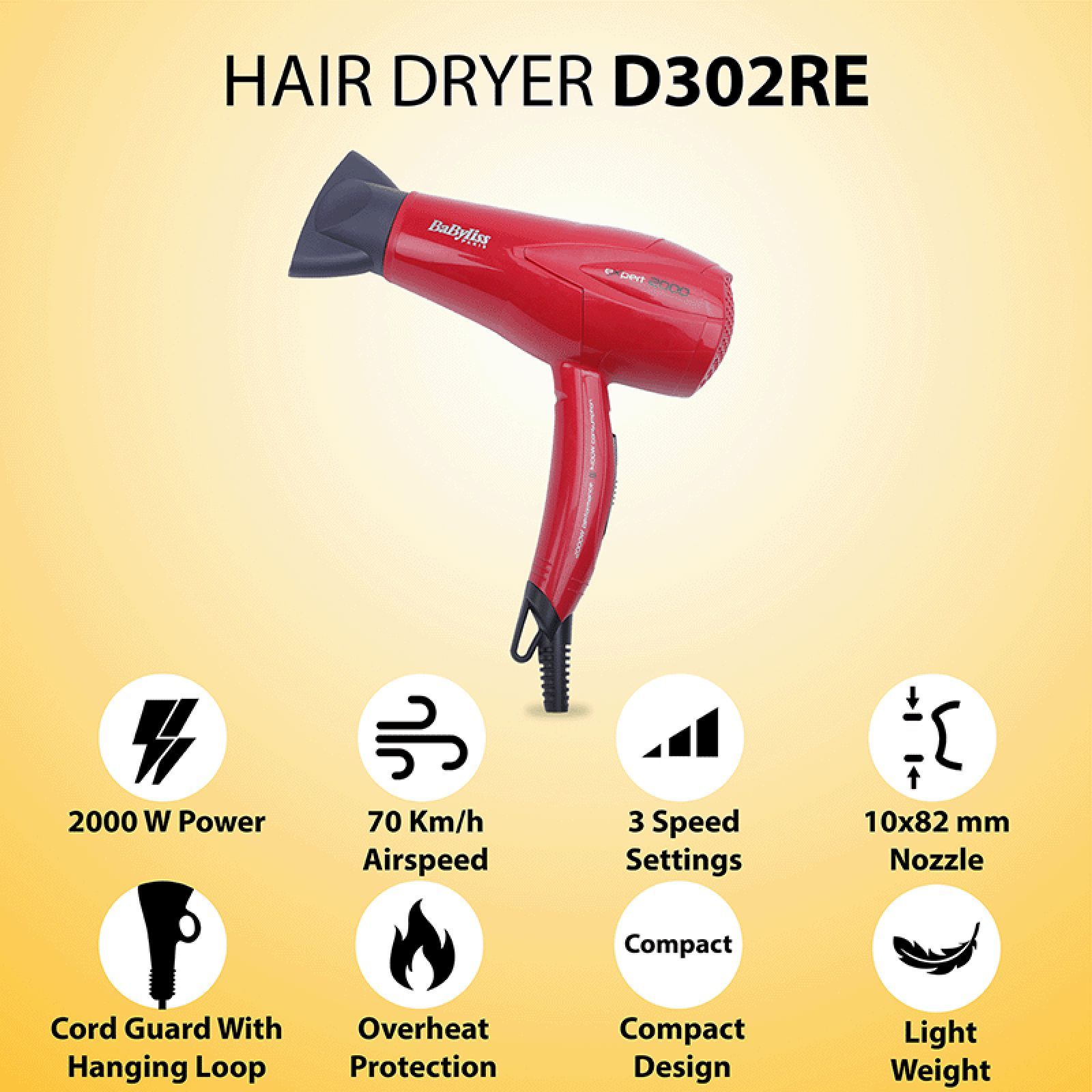 BaByliss D302RE Hair Dryer with 3 Heat Settings (Narrow Centre Nozzle, Red)_10