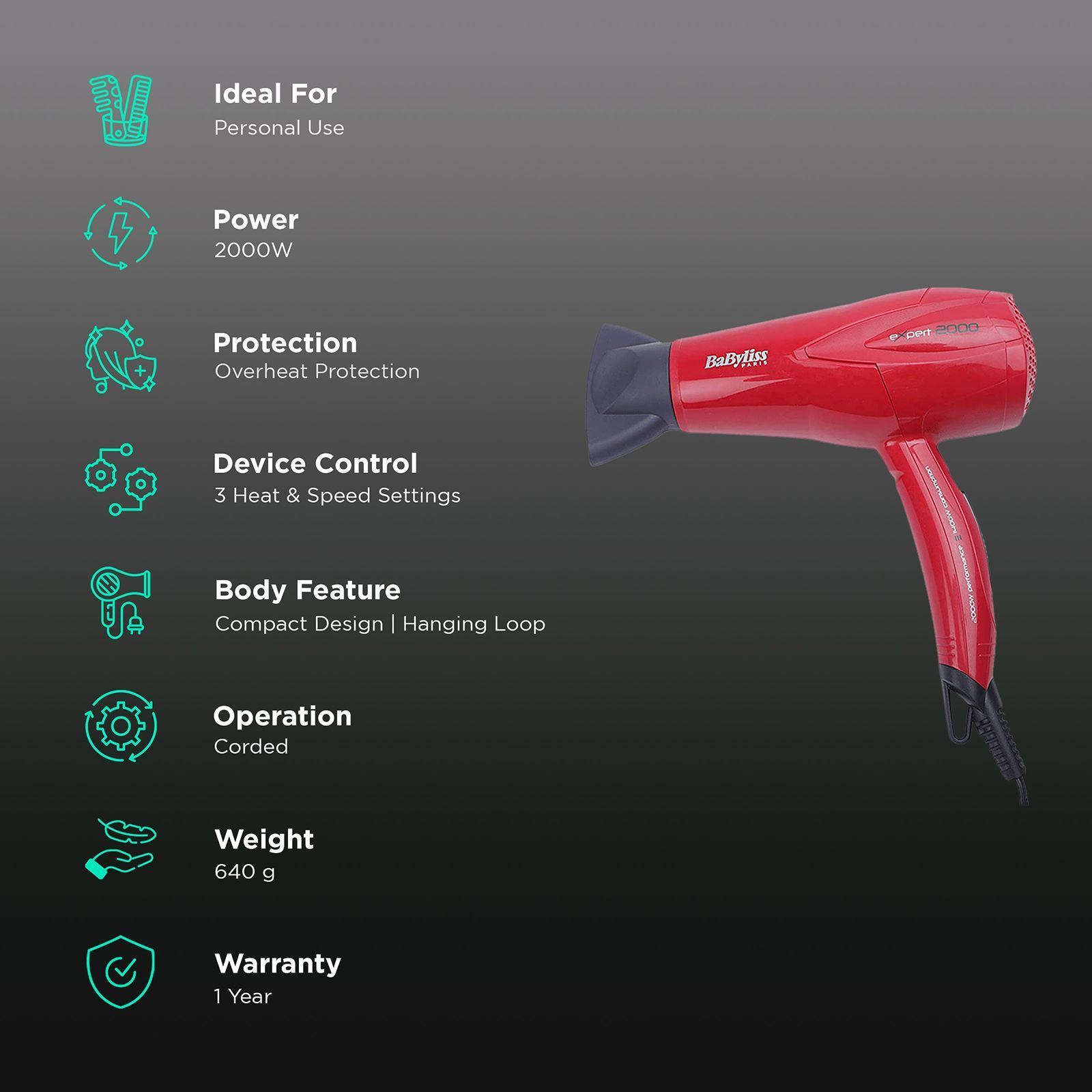 BaByliss D302RE Hair Dryer with 3 Heat Settings (Narrow Centre Nozzle, Red)_2