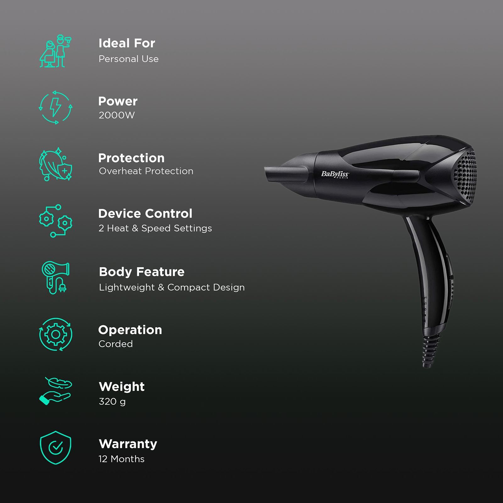 BaByliss D212E Hair Dryer with 2 Heat Settings and Cool Shot (Fast Drying, Black)_2