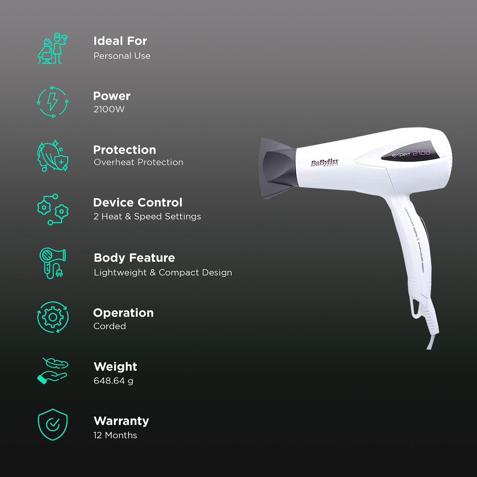 BaByliss D322WE Hair Dryer with 2 Heat Settings (Adjustable Diffuser, White)_2