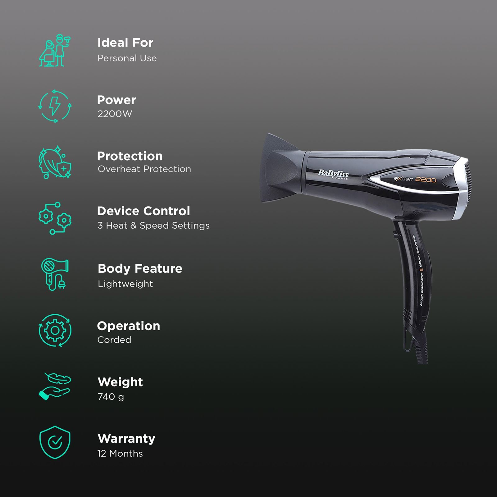 BaByliss D342E Hair Dryer with 3 Heat Settings ((Energy Saving, Black)_2