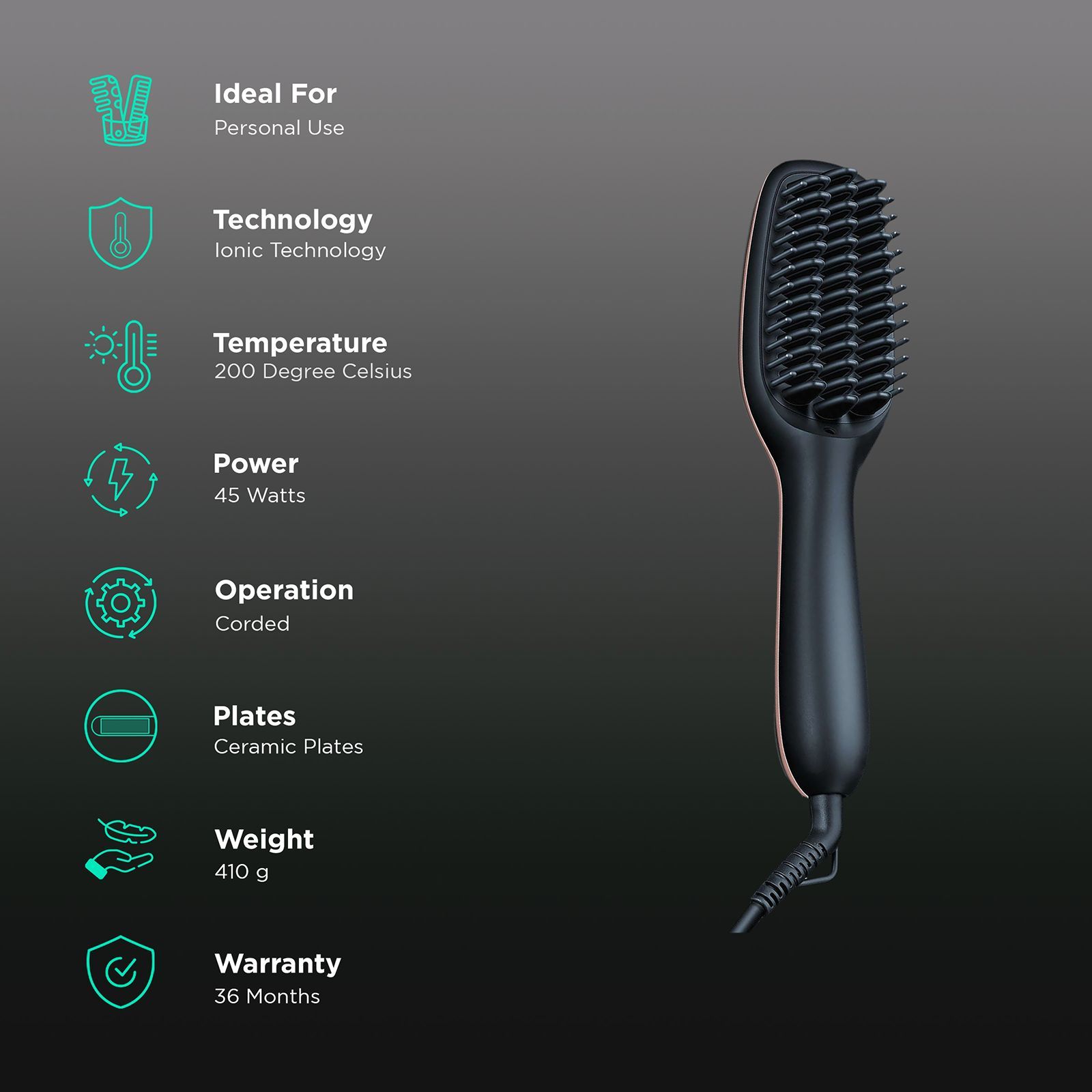 beurer Style Pro with Cord Straightening Brush (Ceramic Coating, HS60, Black)_3