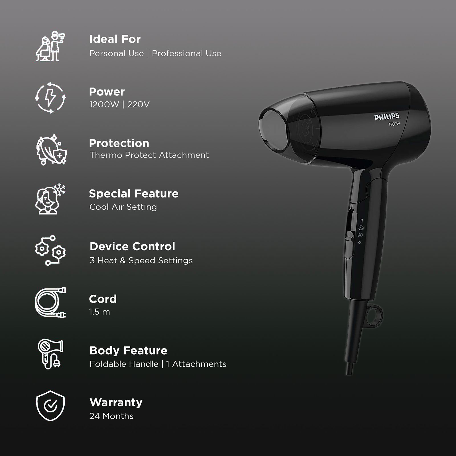 PHILIPS EssentialCare Hair Dryer with 3 Heat Settings & Cool Air Function (Thermo Protect Technology, Black)_2