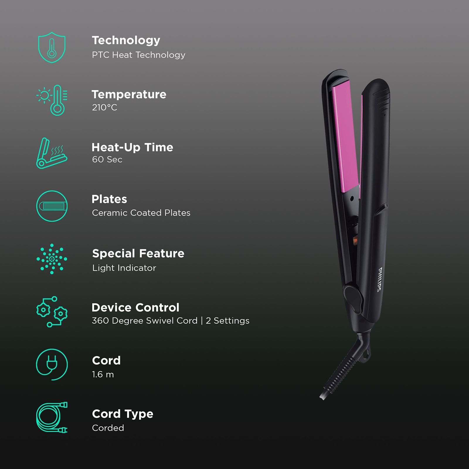 PHILIPS Selfie HP8302/06 Hair Straightener with 360 Degree Swivel Cord (Ceramic Plates, Black)_3