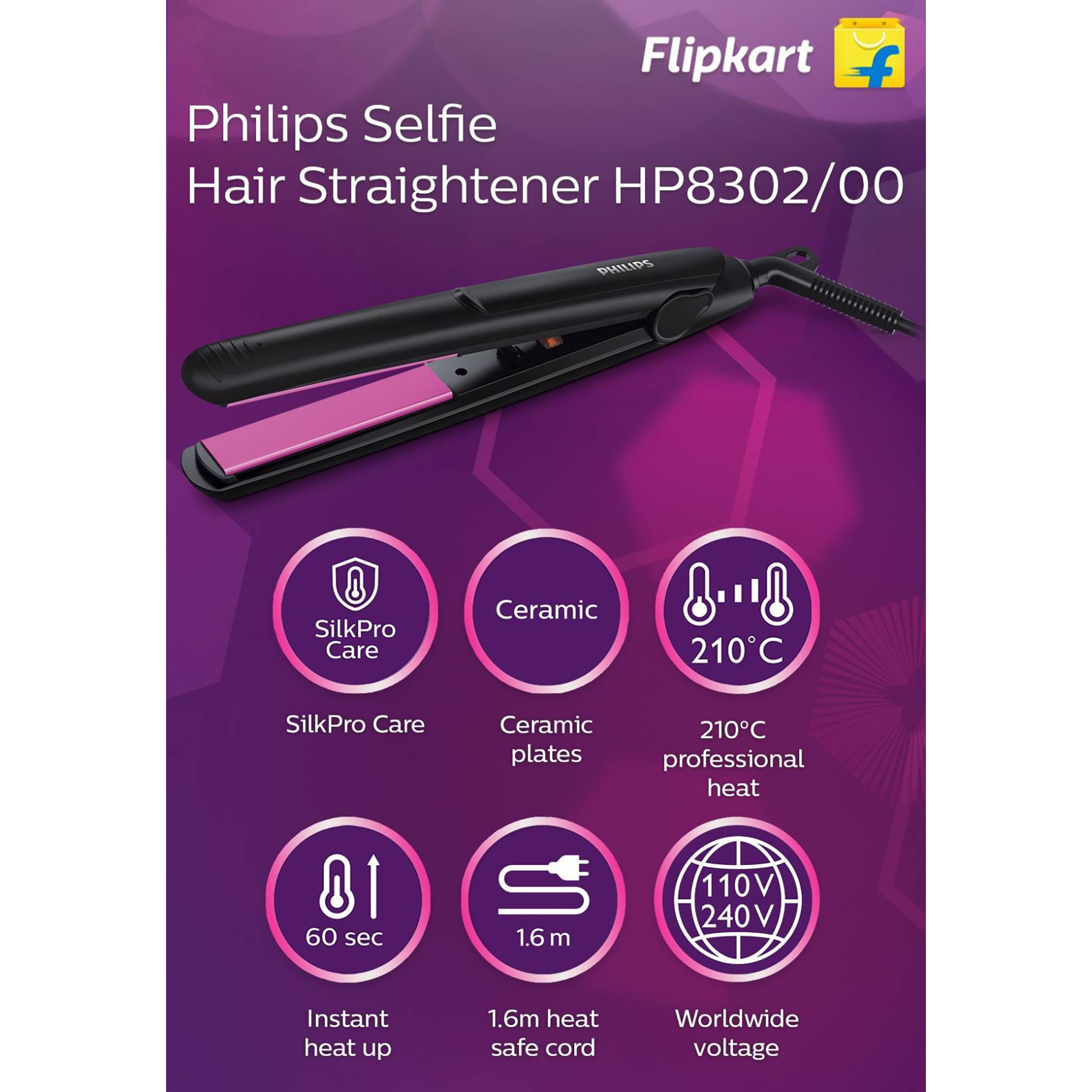 PHILIPS Selfie HP8302/06 Hair Straightener with 360 Degree Swivel Cord (Ceramic Plates, Black)_5