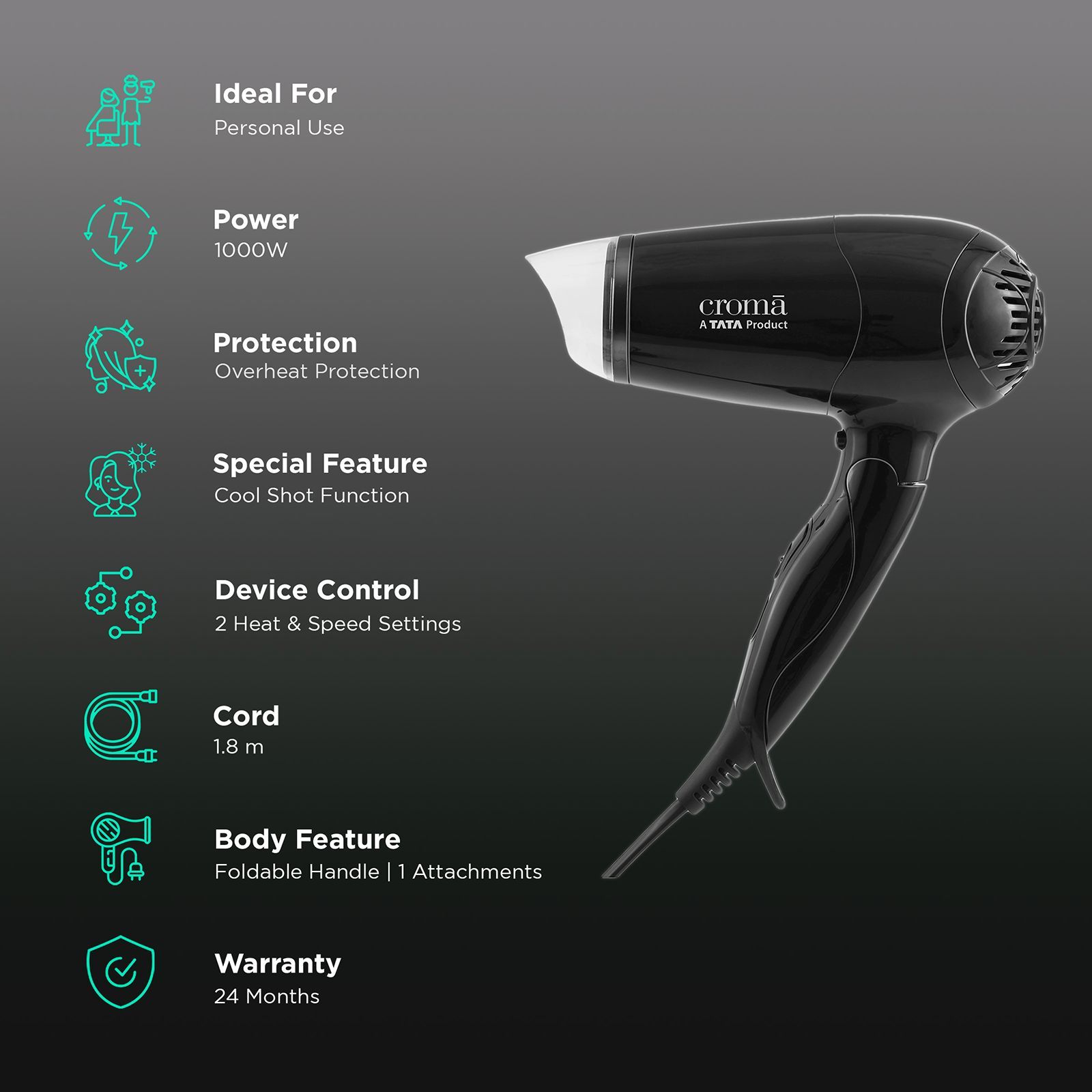 Croma Hair Dryer with 2 Heat Settings & Cool Shot (Built-in Thermostat & Thermal Fuse, Black)_2