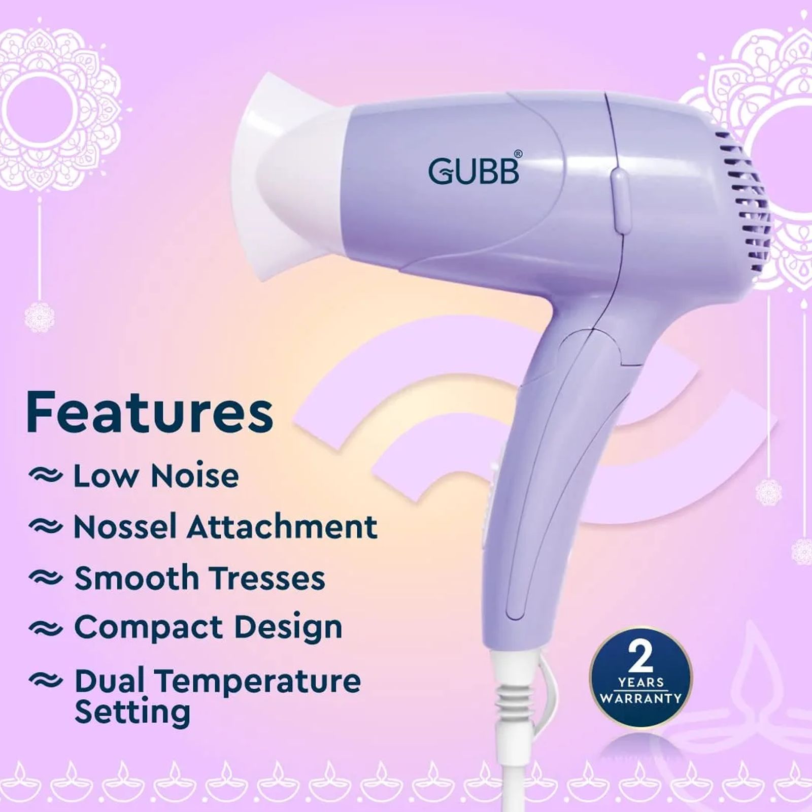 GUBB GB-128 Hair Dryer with 2 Heat Settings & Cool Shot (Overheat Protection, Purple)_3