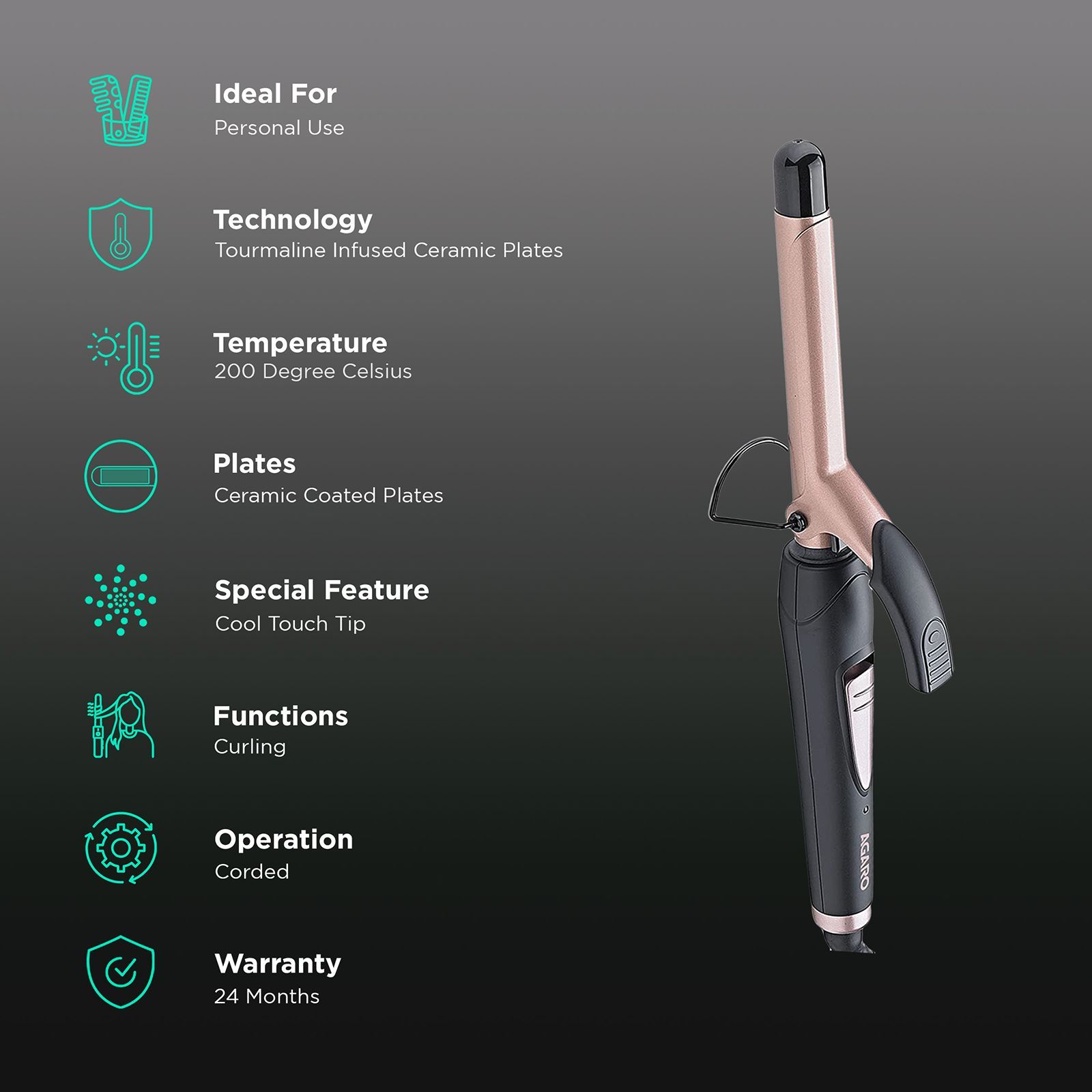AGARO HC7001 Hair Styler with Tourmaline Infused Ceramic Plates (Cool Touch Tip, Black & Rose Gold)_3