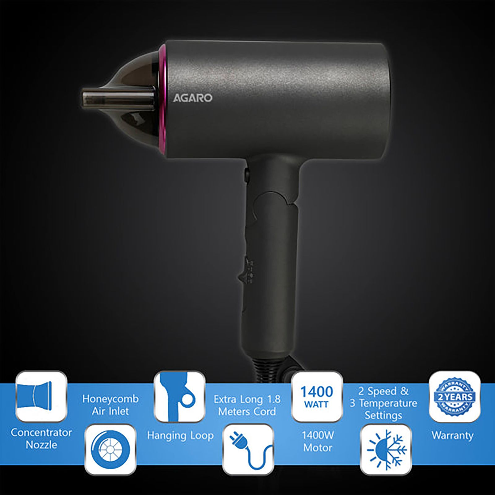 AGARO HD1214 Hair Dryer with 3 Heat Settings & Cool Shot (Overheat Protection, Black)_9