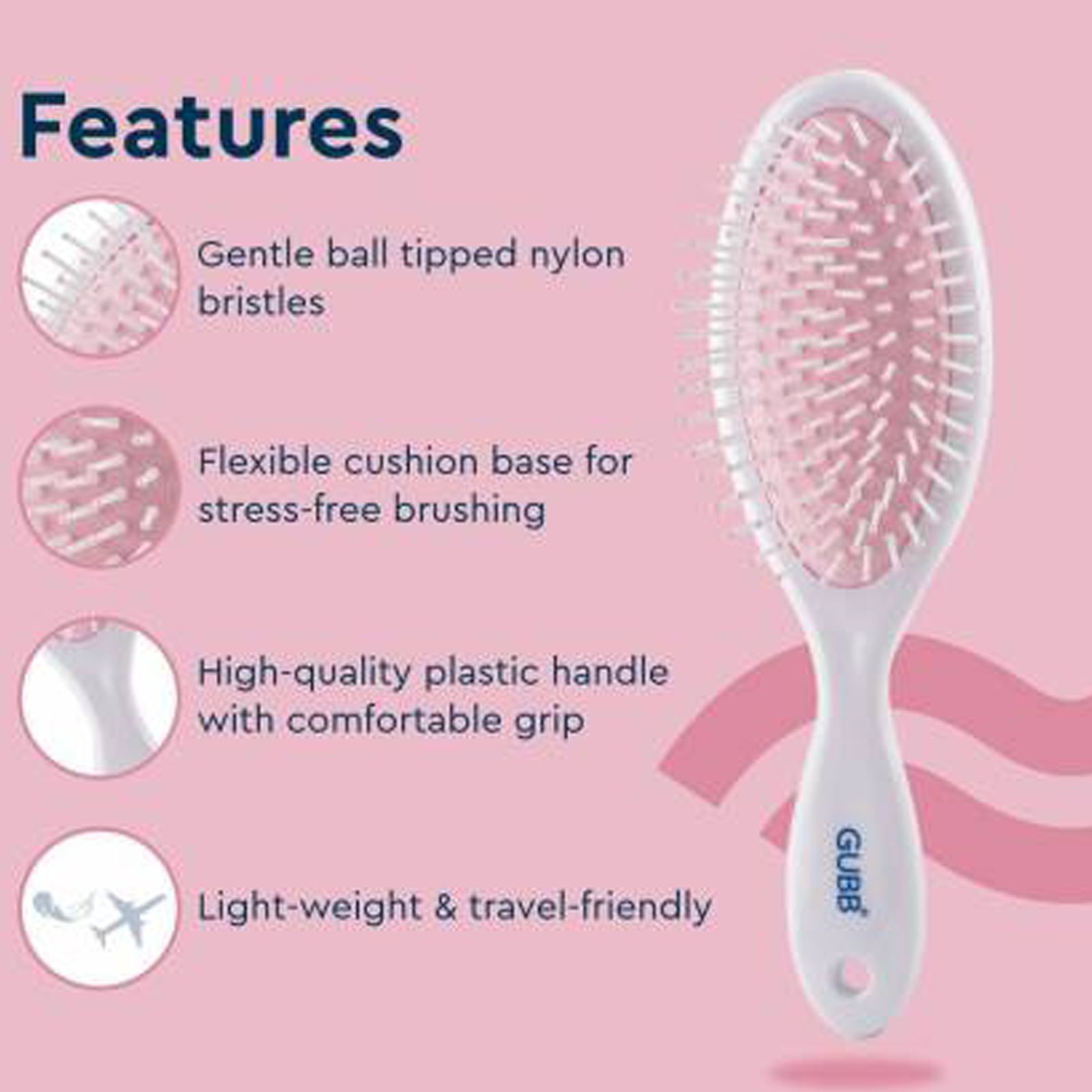 GUBB TG000529 Hair Styler with Ball Tipped Bristles (Flexible Cushion Base, White & Pink)_2