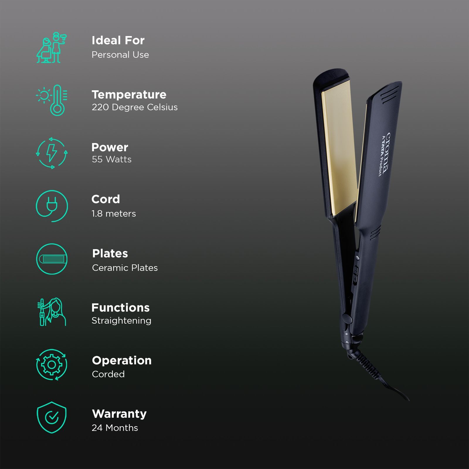 Croma Hair Straightener with PTC Heater (Ceramic Coated Plates, Black)_2