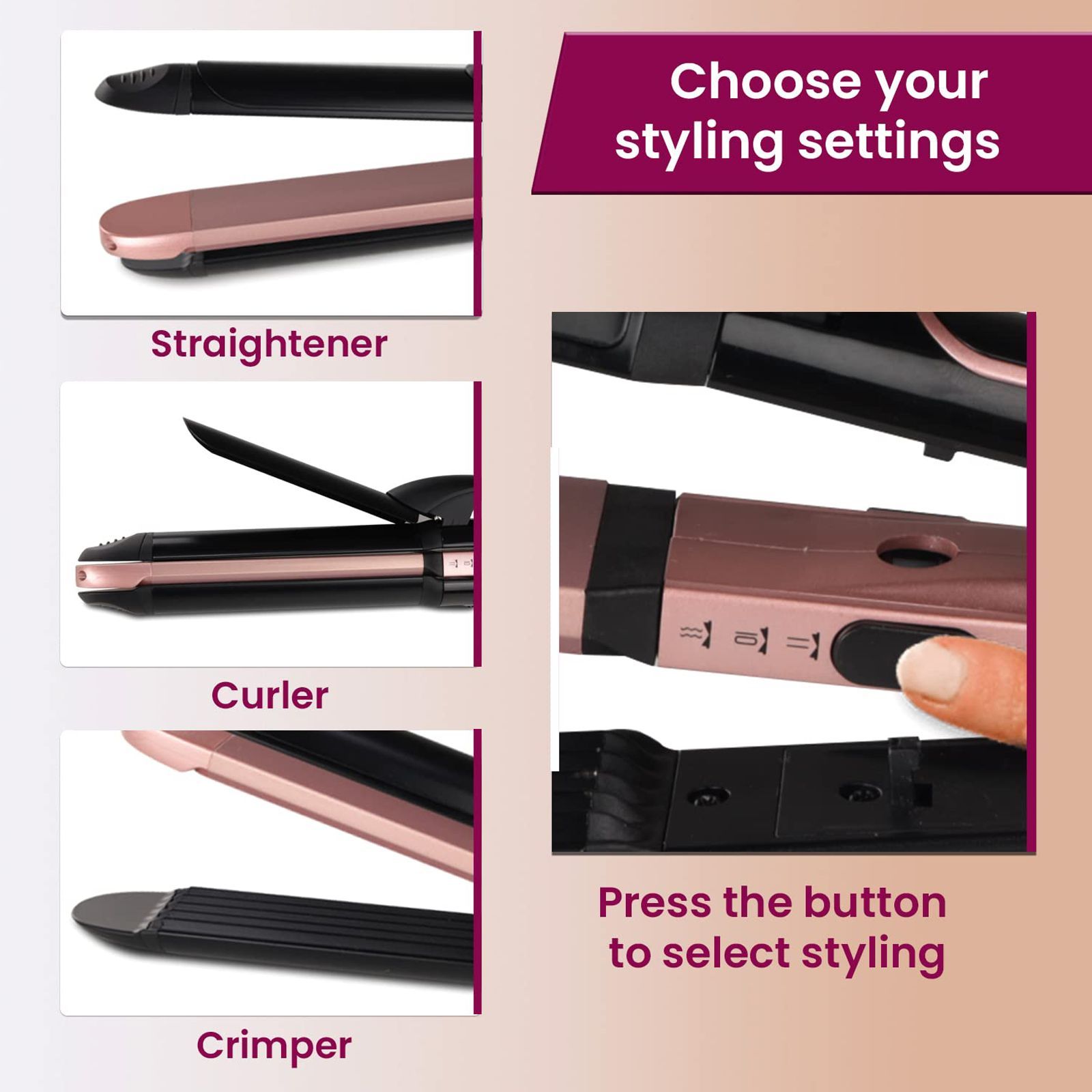 AGARO HS1119 3-in-1 Hair Styler with Keratin Infused Ceramic Coated Plates (Black and Rose Gold)_3