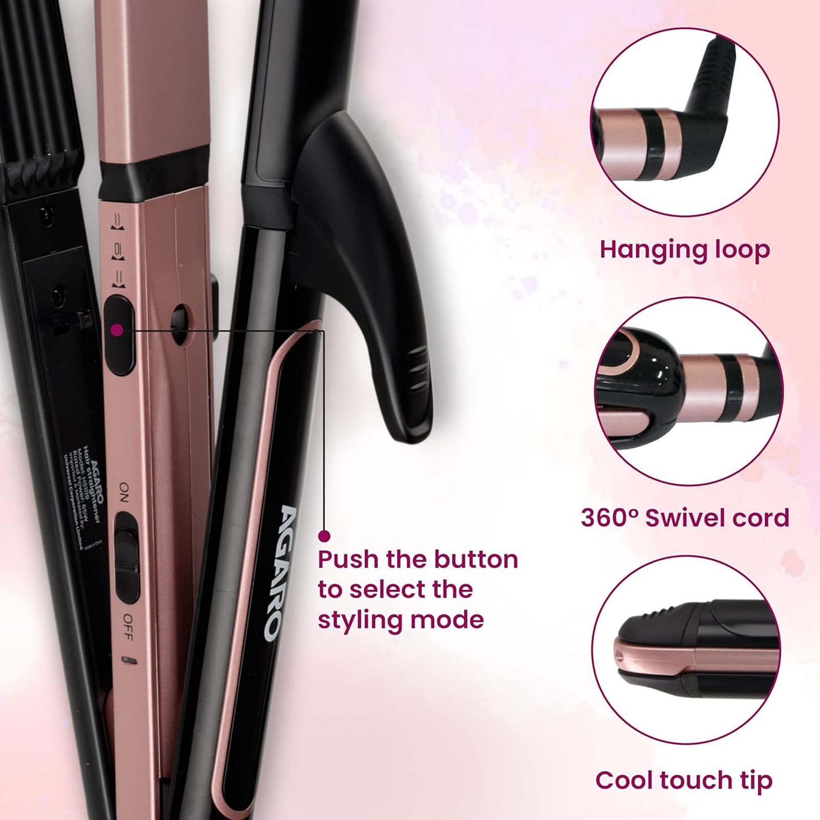 AGARO HS1119 3-in-1 Hair Styler with Keratin Infused Ceramic Coated Plates (Black and Rose Gold)_2