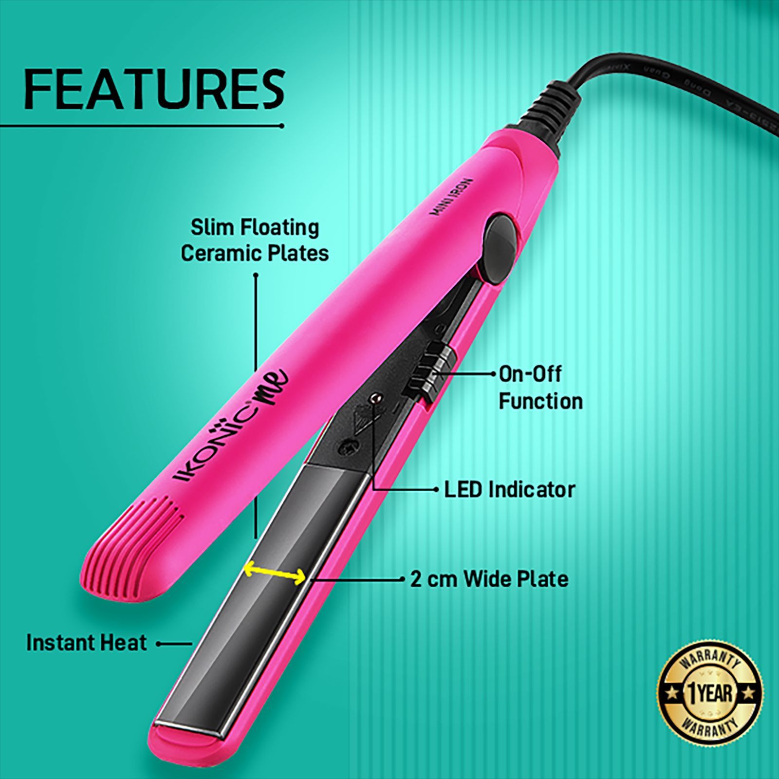Ikonic Mini Hair Straightener with Ionic Technology (Ceramic Plates, Pink)_13
