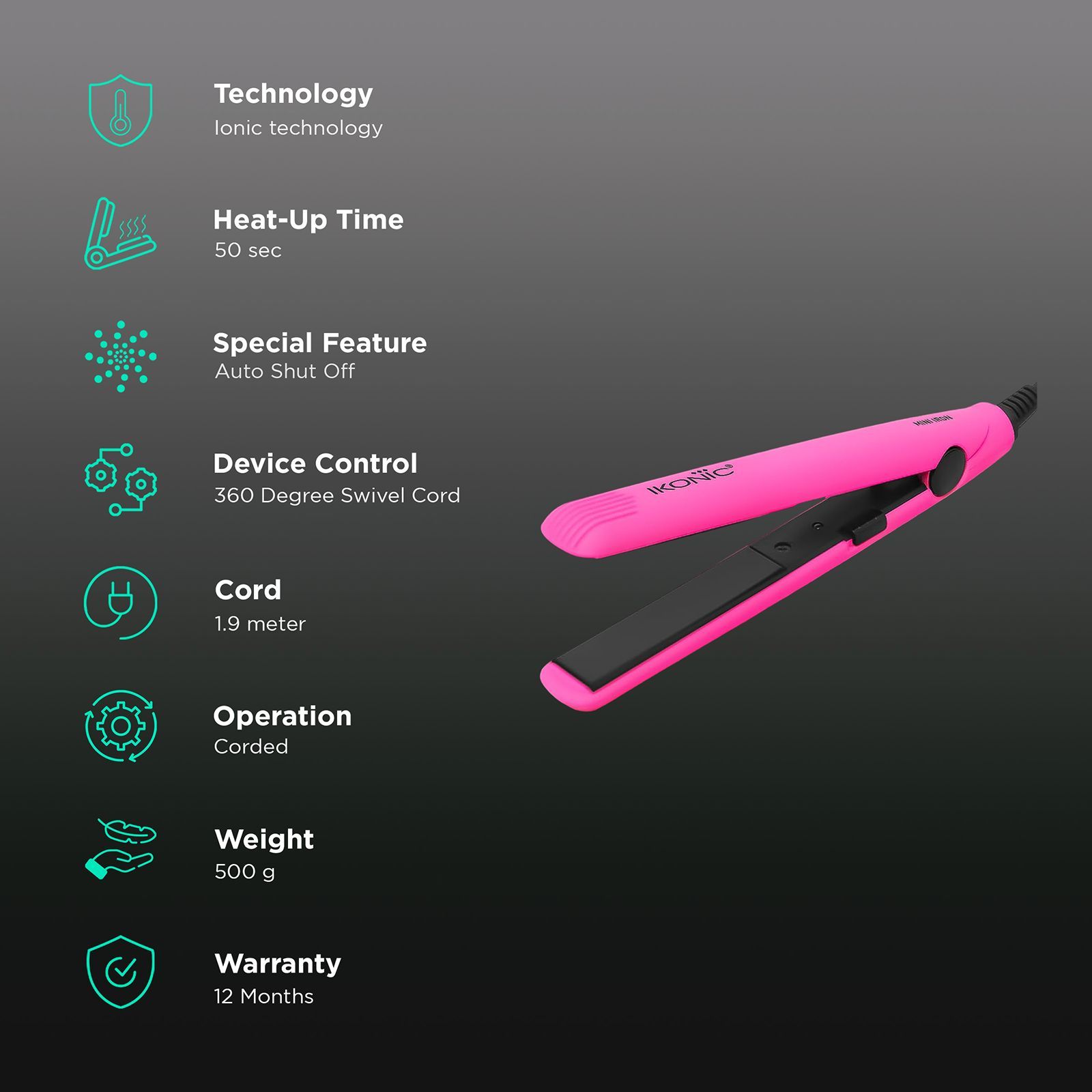 Ikonic Mini Hair Straightener with Ionic Technology (Ceramic Plates, Pink)_3