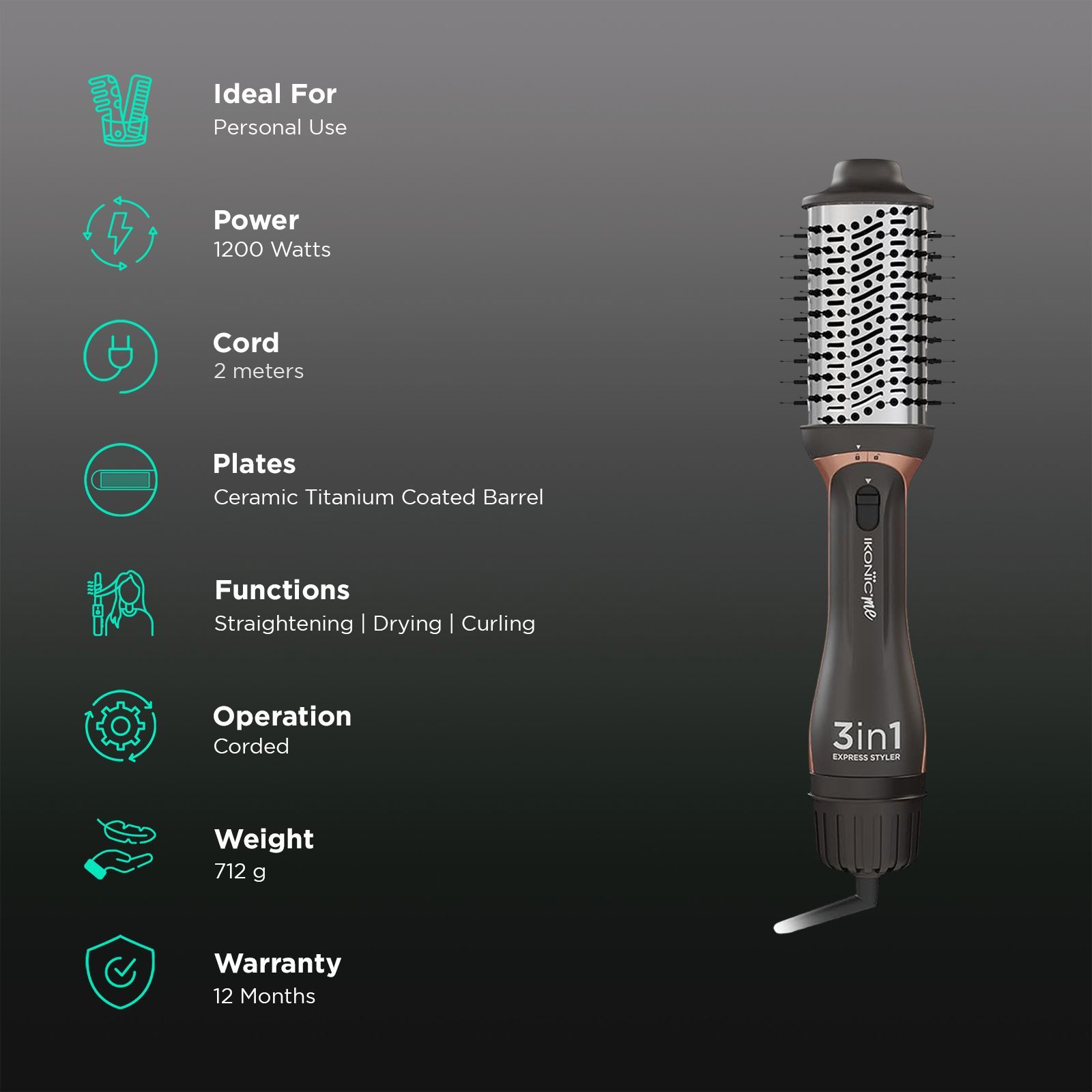 Ikonic Express 3-in-1 Hair Styler with Volumizer (Ceramic Titanium Coated Barrel, Black)_3