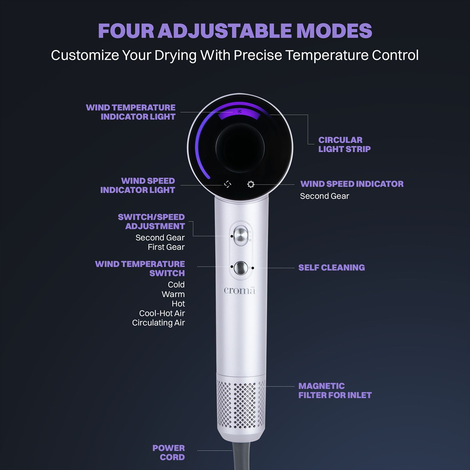 Croma Hair Dryer with 3 Heat Settings & Cool Blow (BLDC Motor, Light Violet)_11