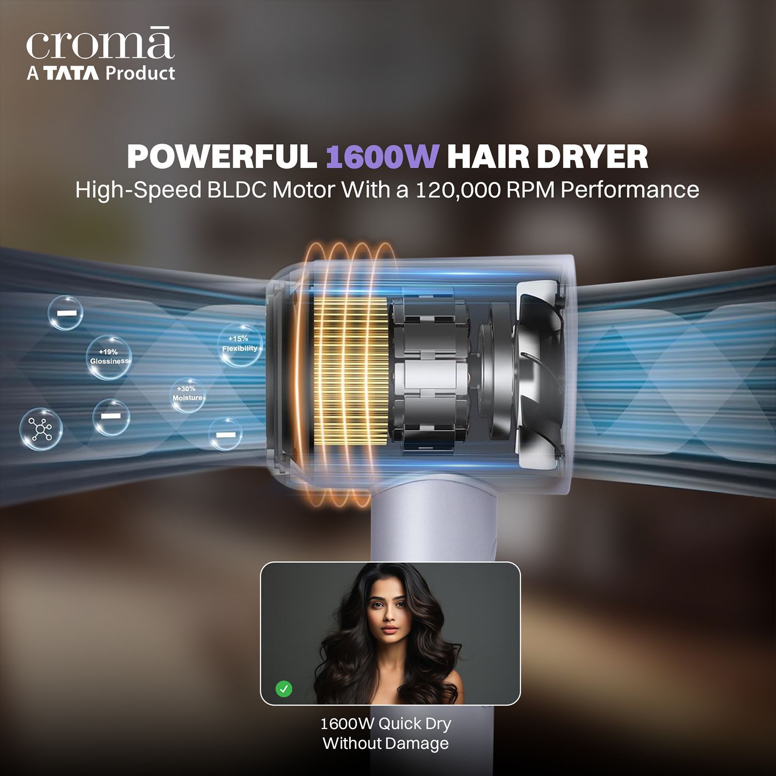 Croma Hair Dryer with 3 Heat Settings & Cool Blow (BLDC Motor, Light Violet)_8