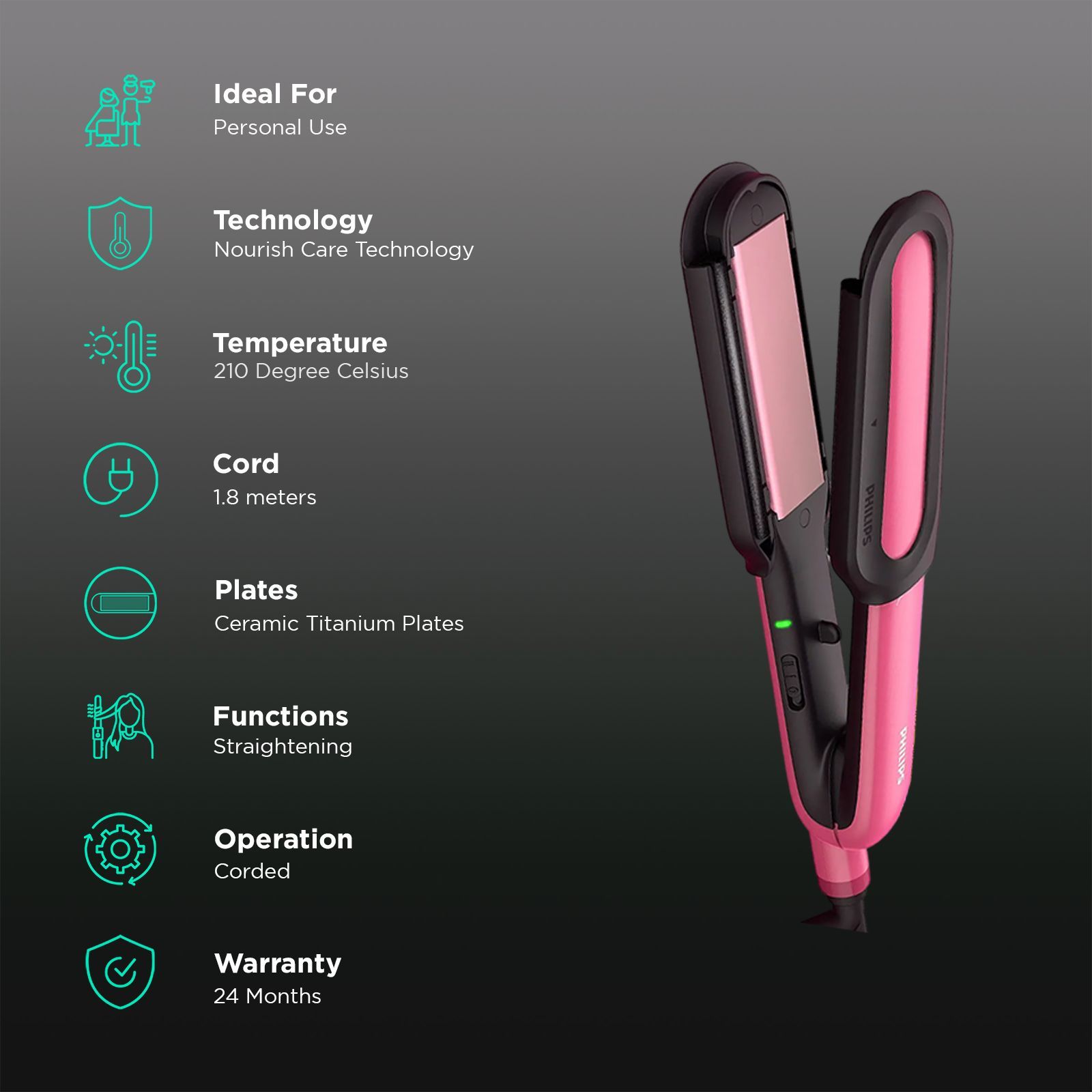 PHILIPS BHS522/00 Hair Straightener with Heat Protection (Ceramic Titanium Plates, Pink)_3