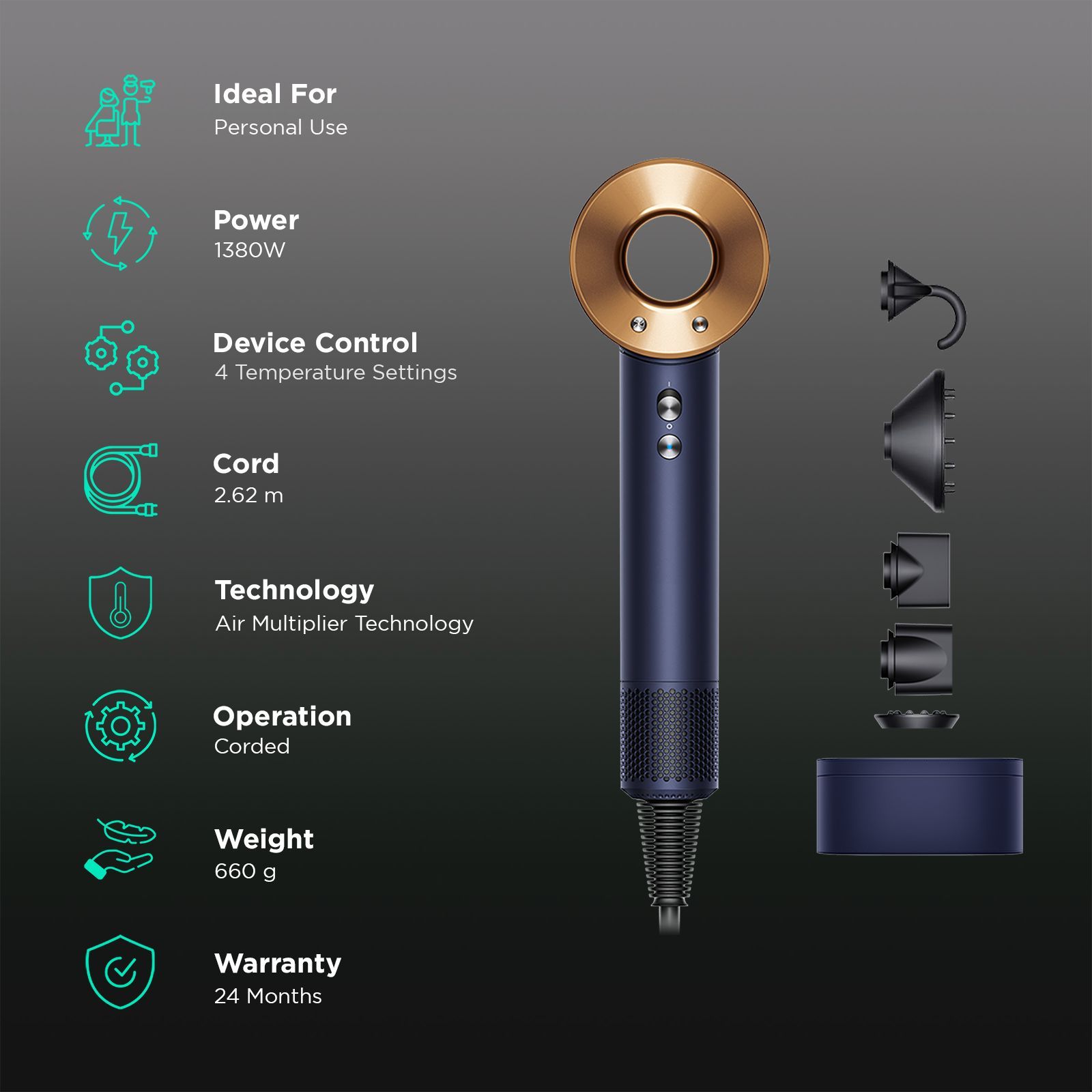 dyson Supersonic Hair Dryer with 4 Heat Settings and Cool Shot (Air Multiplier Technology, Prussian Blue and Rich Copper)_2