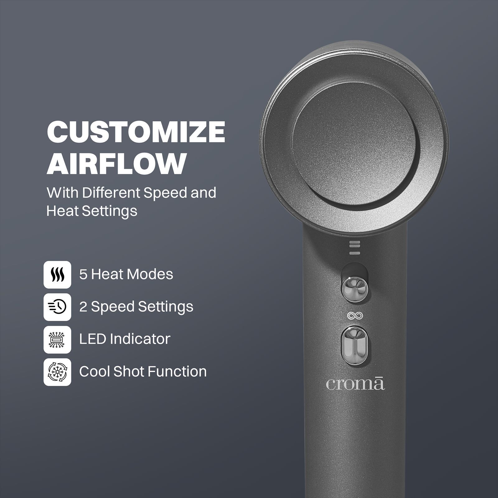 Croma Hair Dryer with 5 Heat Settings (BLDC Motor, Grey)_13