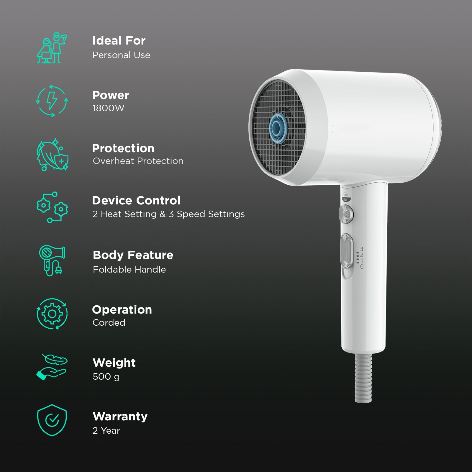 Croma 1800W Hair Dryer with 2 Heat Settings & Cool Shot (Overheat Protection, White)_2