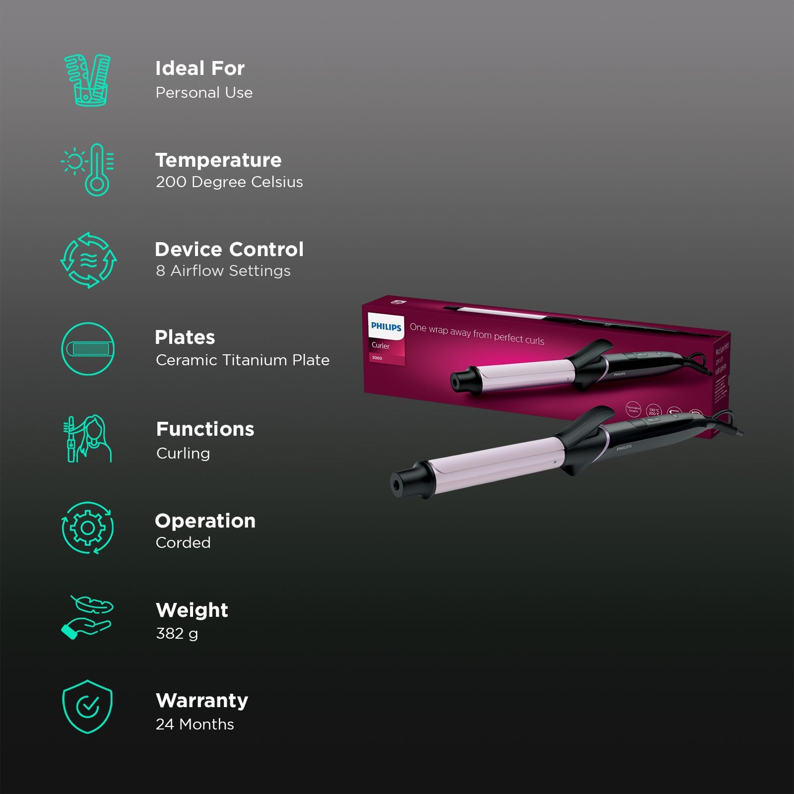 PHILIPS BHB864/00 Hair Curler with 8 Temperature Settings (Ceramic Tourmaline Plate, Black)_2