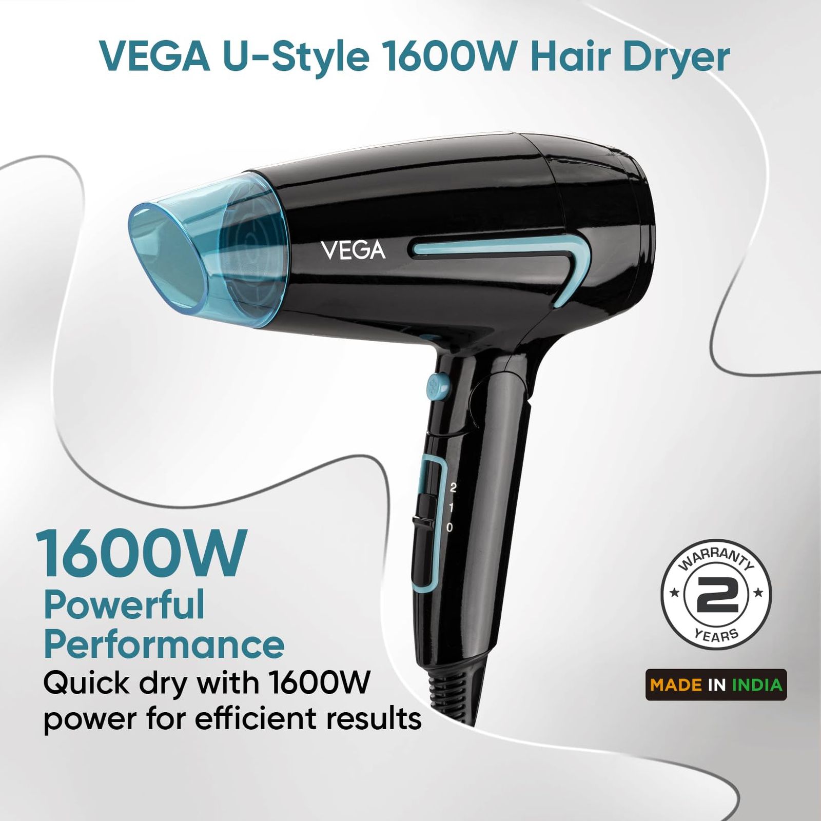 VEGA U Style Hair Dryer with 3 Heat Settings & Cool Shot (Foldable Handle, Black and Blue)_6