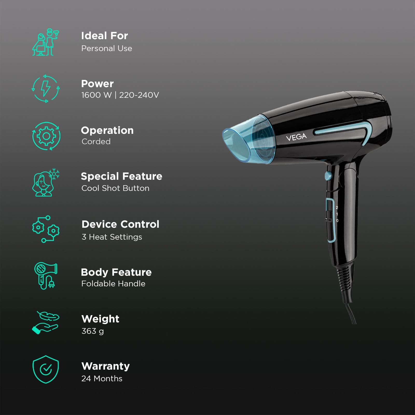 VEGA U Style Hair Dryer with 3 Heat Settings & Cool Shot (Foldable Handle, Black and Blue)_2