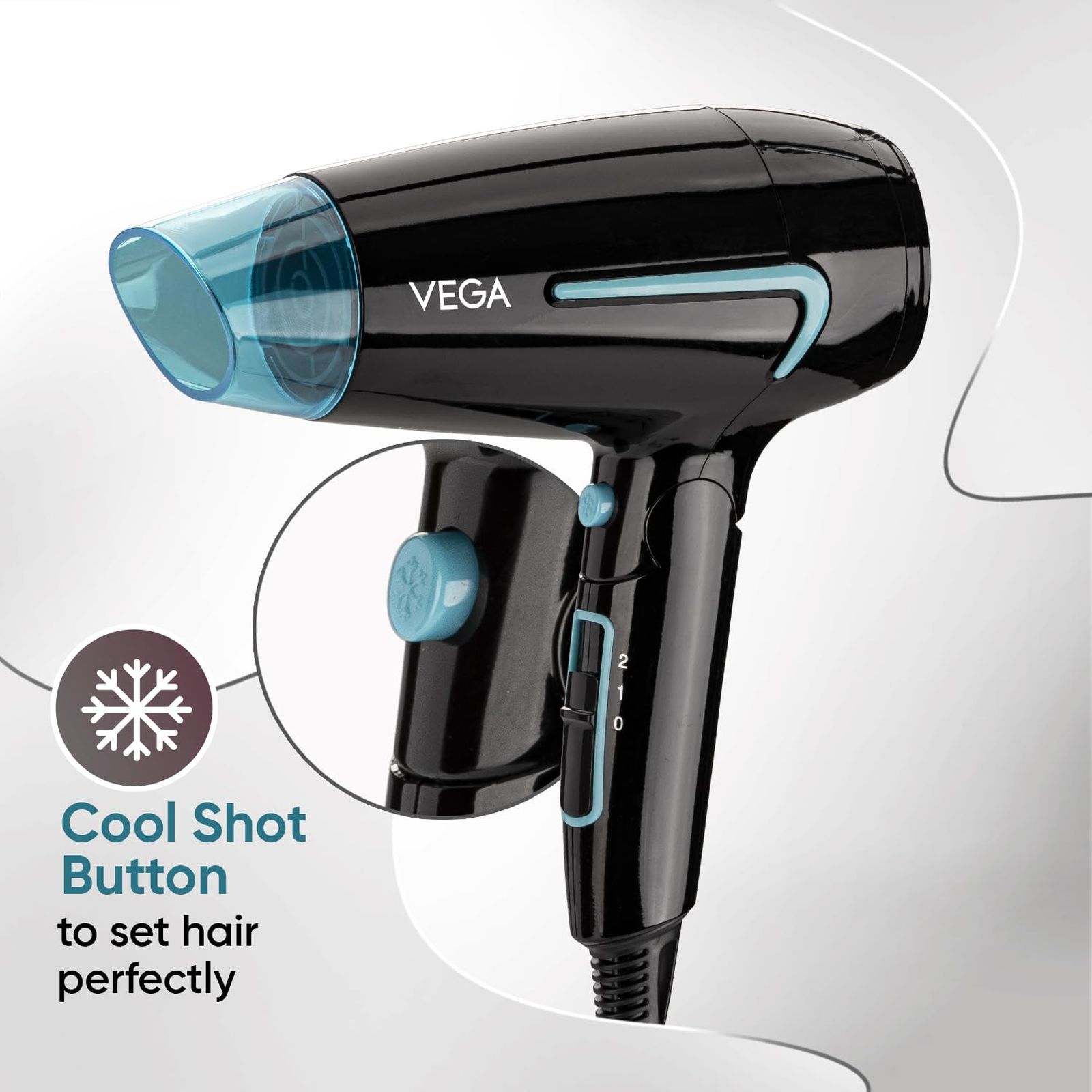 VEGA U Style Hair Dryer with 3 Heat Settings & Cool Shot (Foldable Handle, Black and Blue)_3