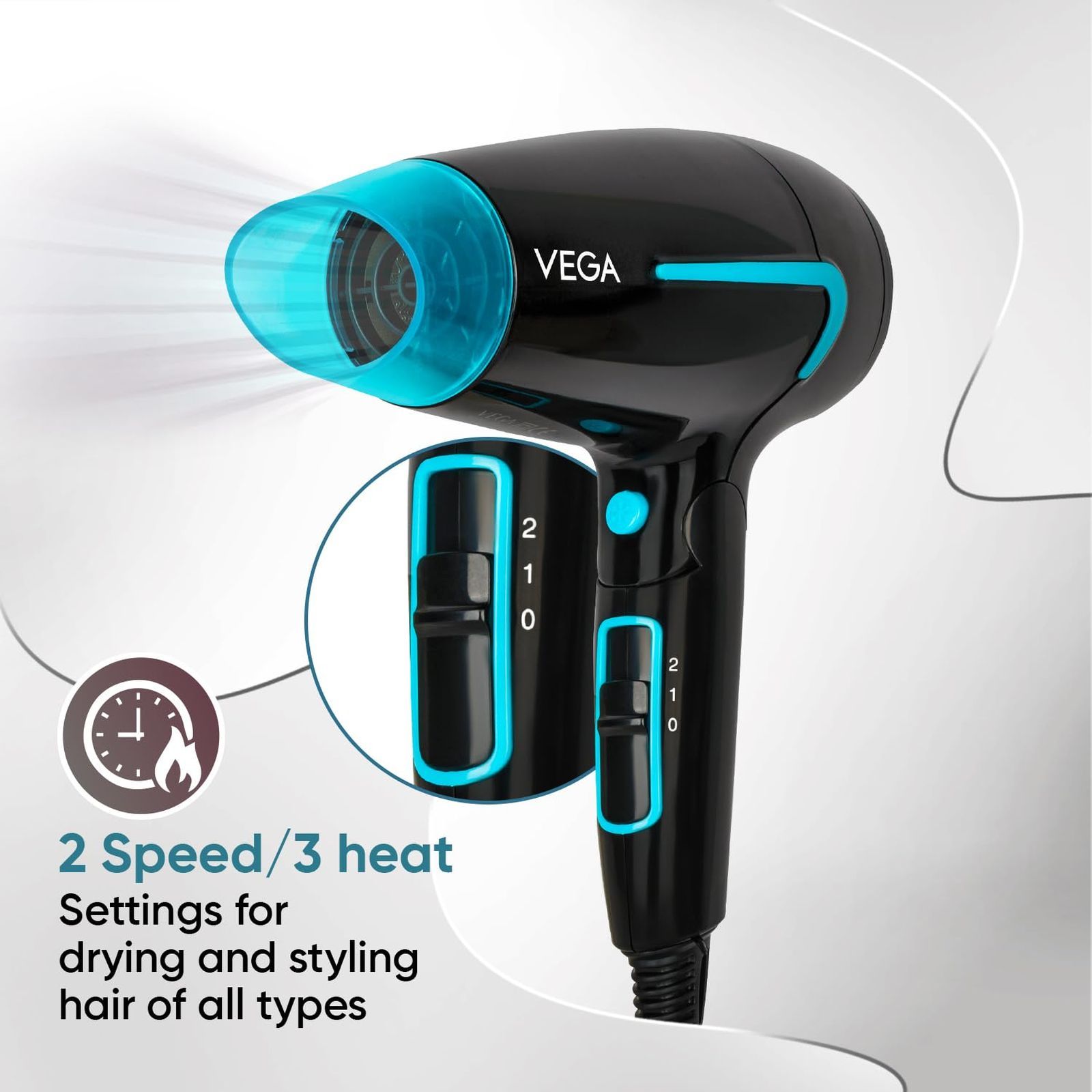 VEGA U Style Hair Dryer with 3 Heat Settings & Cool Shot (Foldable Handle, Black and Blue)_5