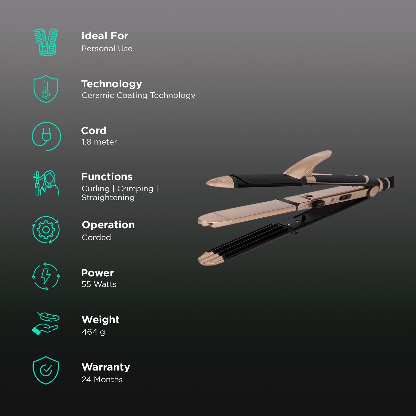 VEGA VHSCC-01 3-in-1 Hair Styler with Ceramic Coating Technology (Power Indicator, Black and Gold)_2