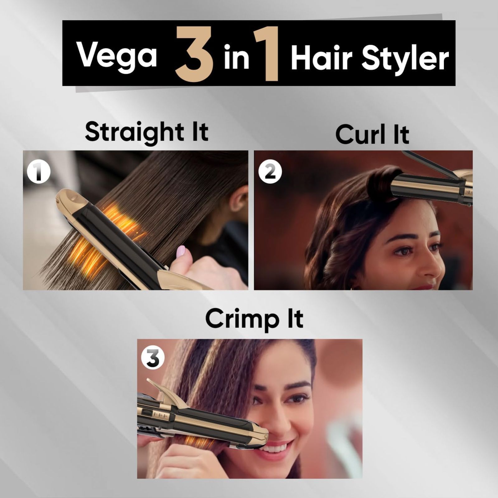 VEGA VHSCC-01 3-in-1 Hair Styler with Ceramic Coating Technology (Power Indicator, Black and Gold)_3