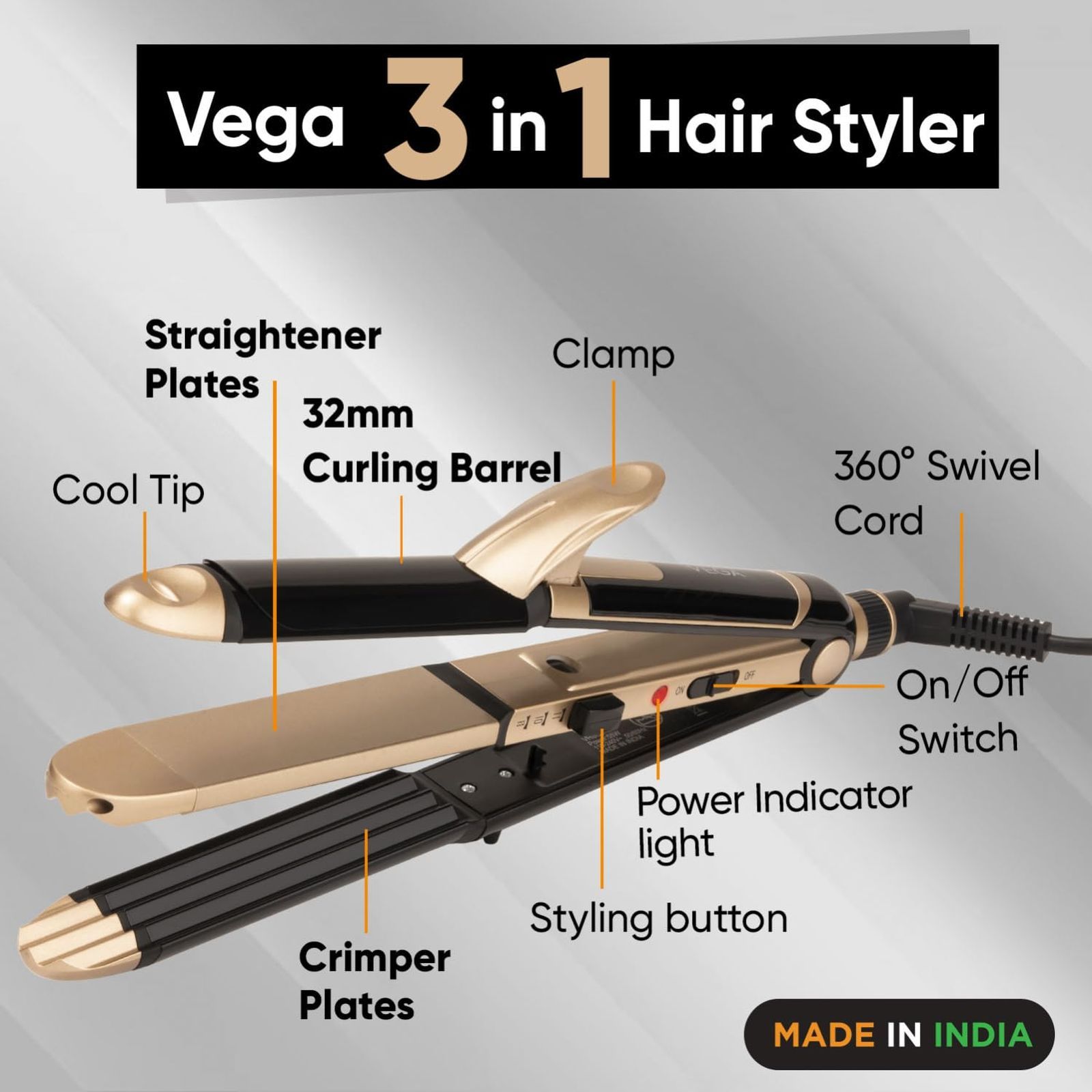 VEGA VHSCC-01 3-in-1 Hair Styler with Ceramic Coating Technology (Power Indicator, Black and Gold)_4