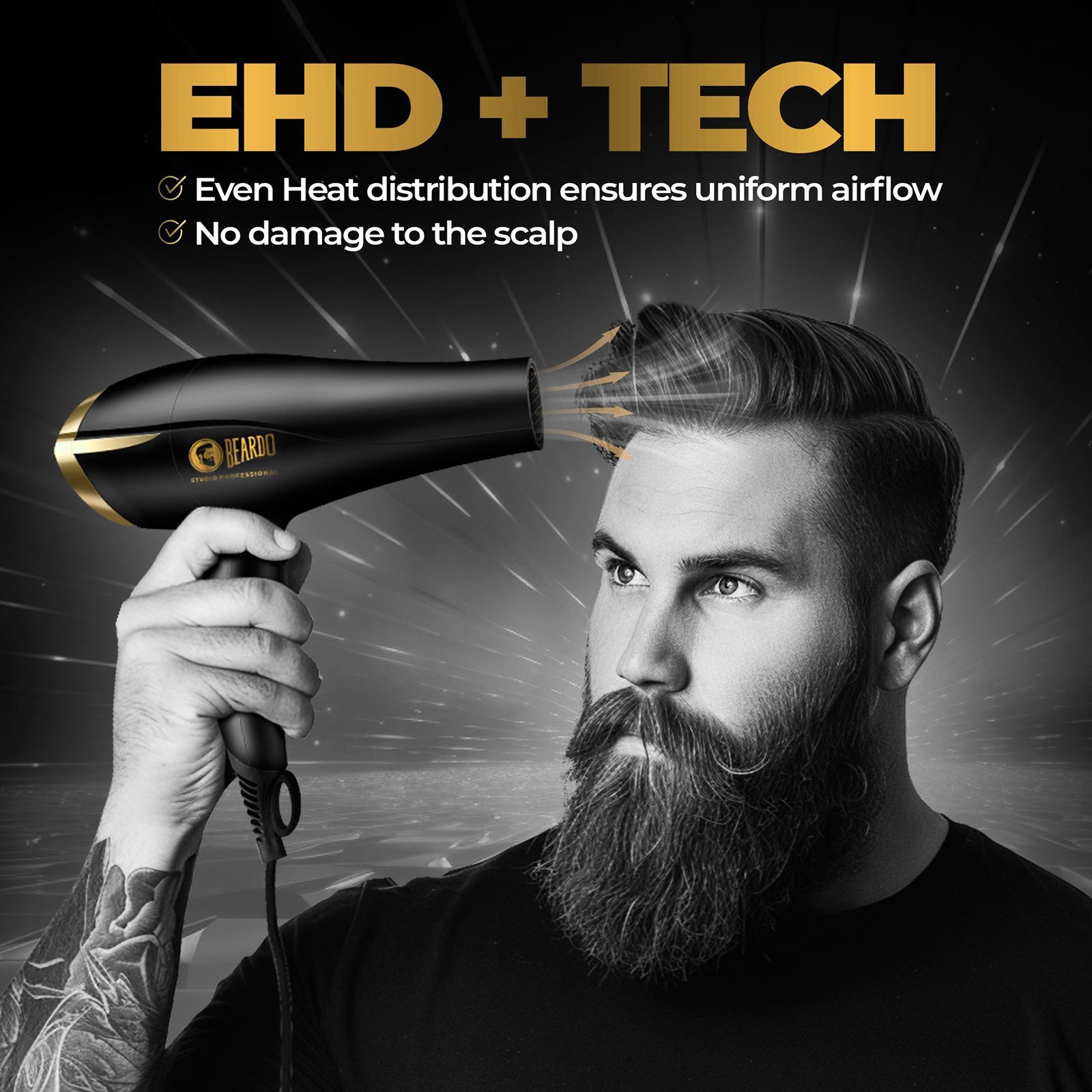 BEARDO Studio Professional Tornado Hair Dryer with 3 Heat Settings & Cool Shot (EHD+ Technology, Black)_5