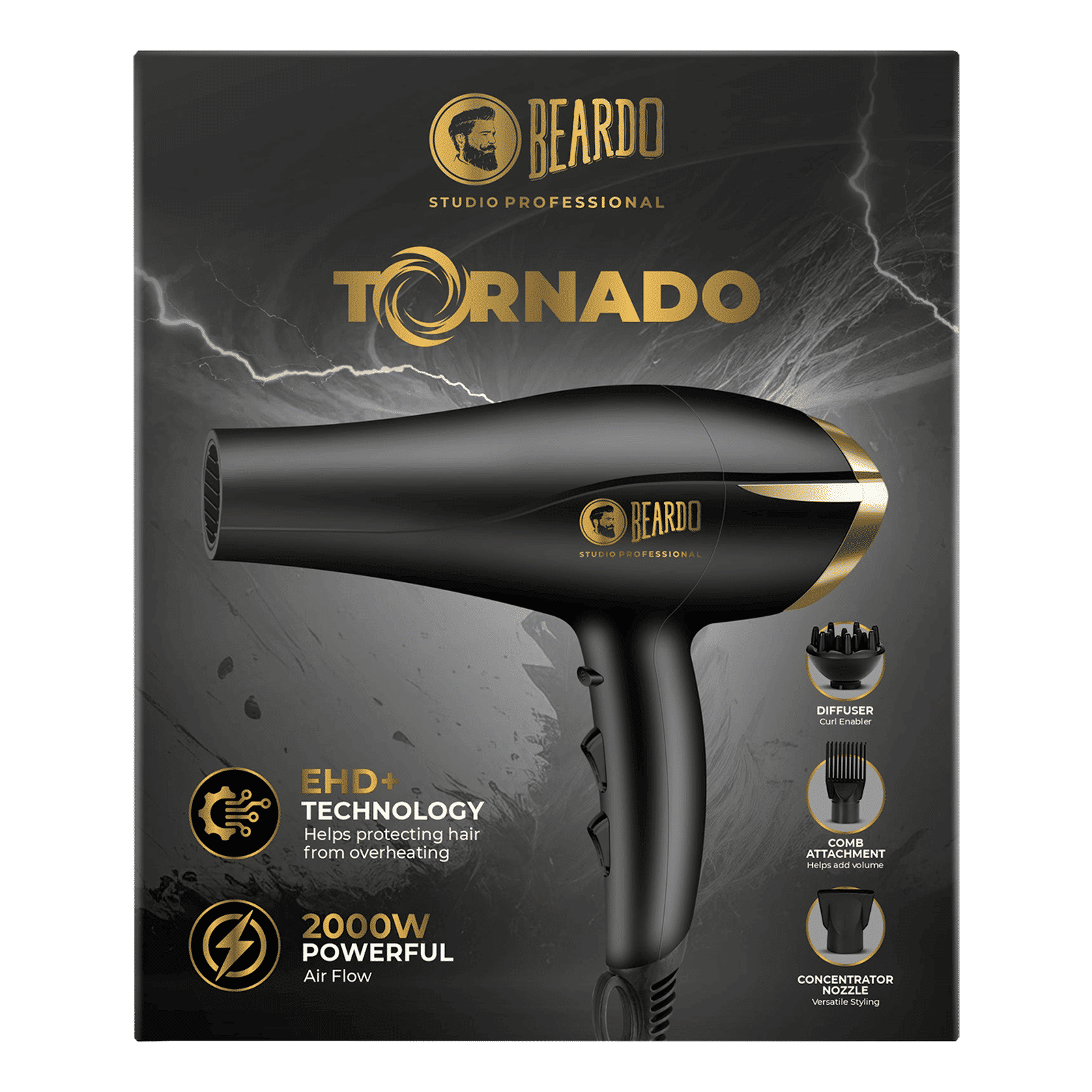 BEARDO Studio Professional Tornado Hair Dryer with 3 Heat Settings & Cool Shot (EHD+ Technology, Black)_6