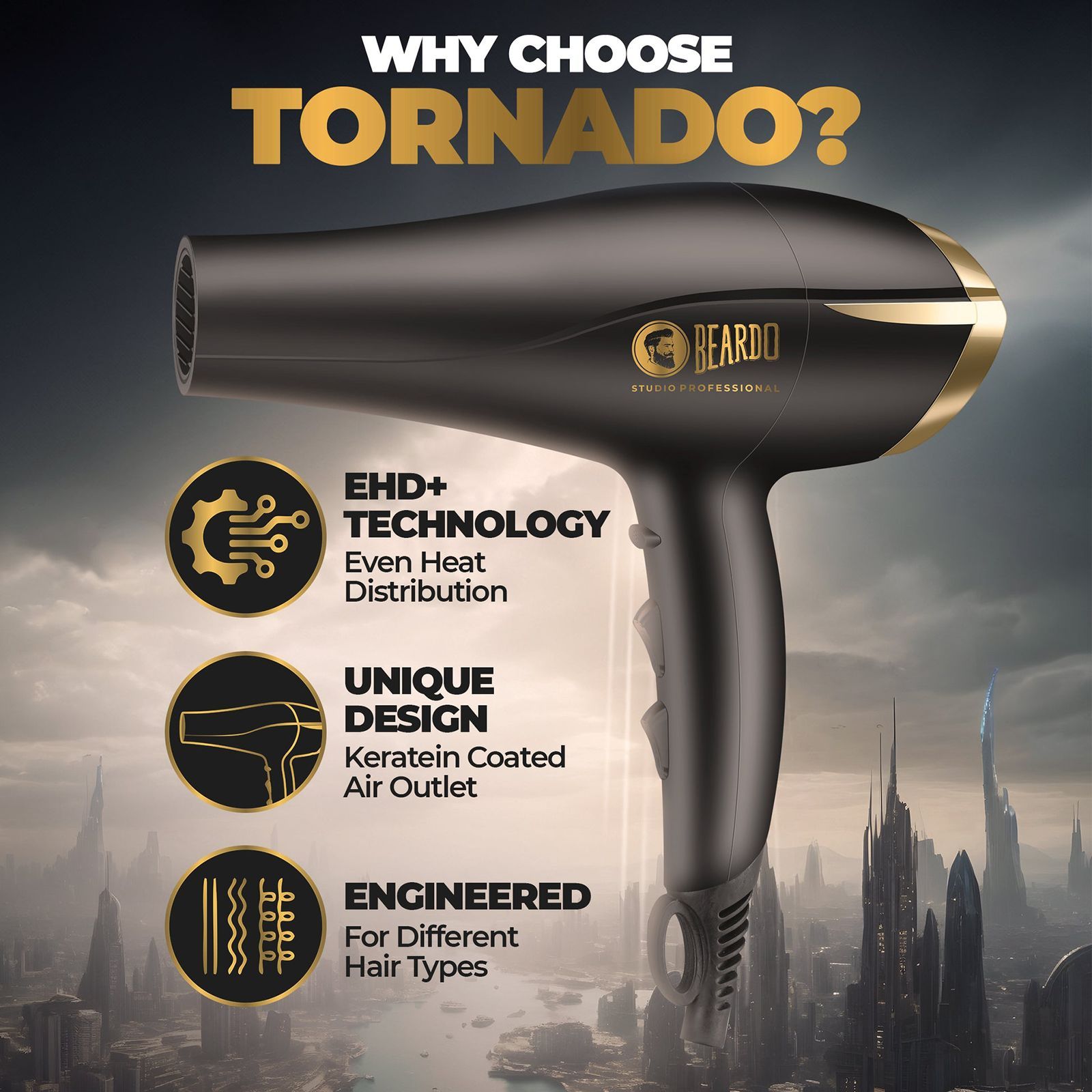 BEARDO Studio Professional Tornado Hair Dryer with 3 Heat Settings & Cool Shot (EHD+ Technology, Black)_8