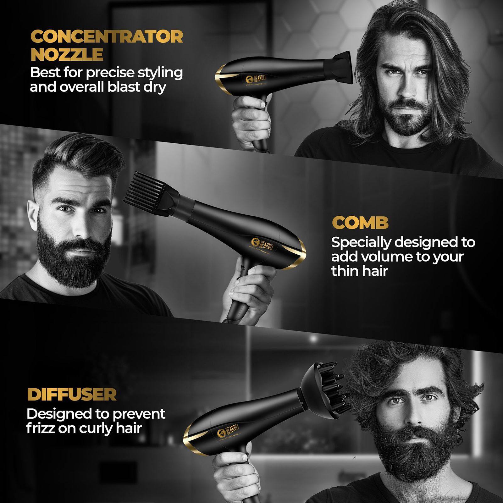 BEARDO Studio Professional Tornado Hair Dryer with 3 Heat Settings & Cool Shot (EHD+ Technology, Black)_11