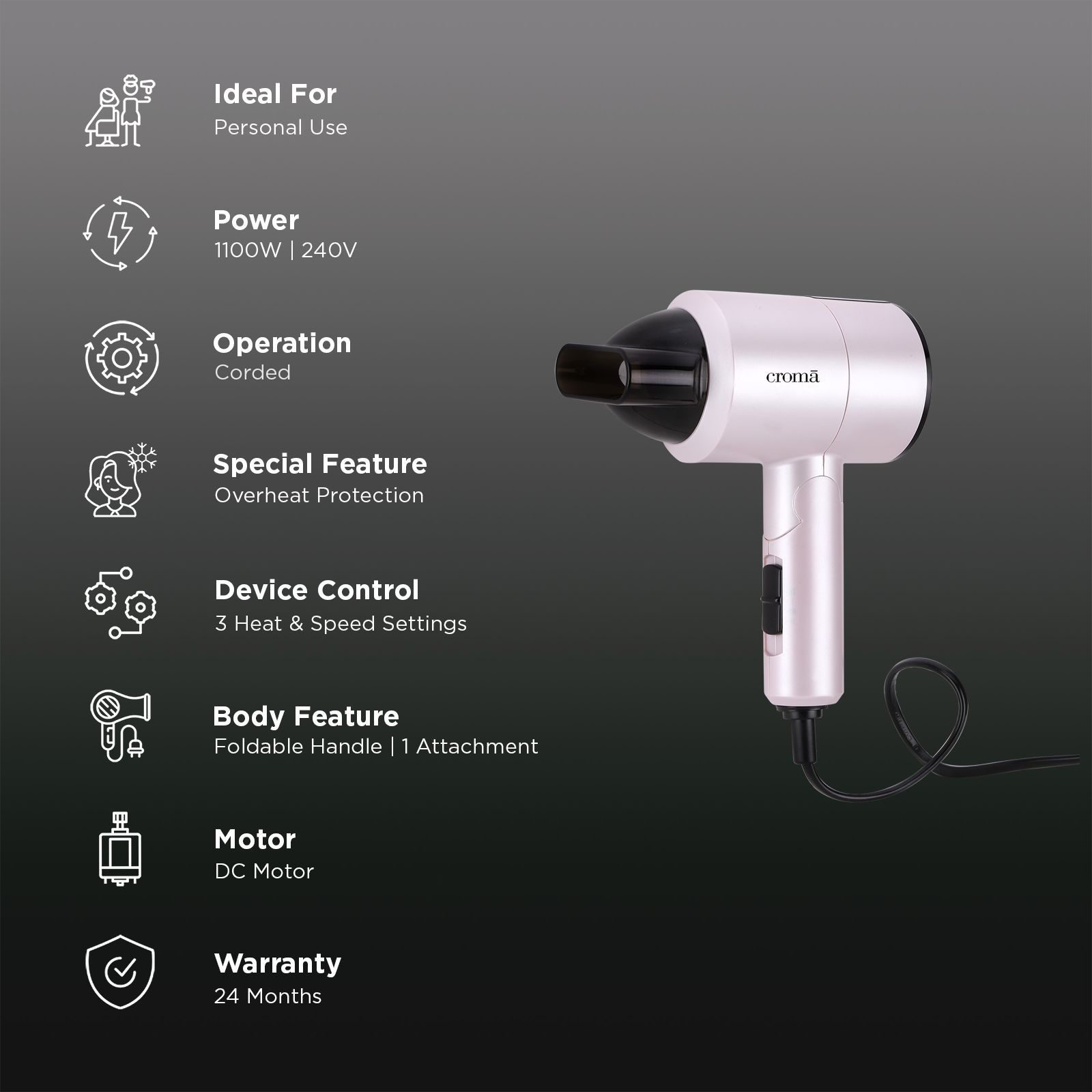 Croma Hair Dryer with 3 Heat Settings & Cool Shot (Overheat Protection, Pink) Croma Hair Dryer with 3 Heat Settings & Cool Shot (Overheat Protection, Pink)_2