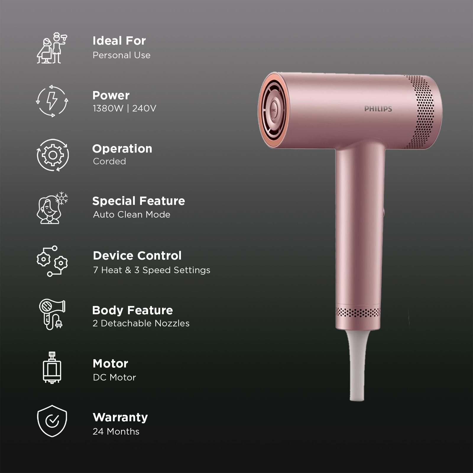Philips 8000 Series Hair Dryer With 7 Heat Settings & Cool Shot (Thermo Shield Advanced Technology, Rose Champagne)_2