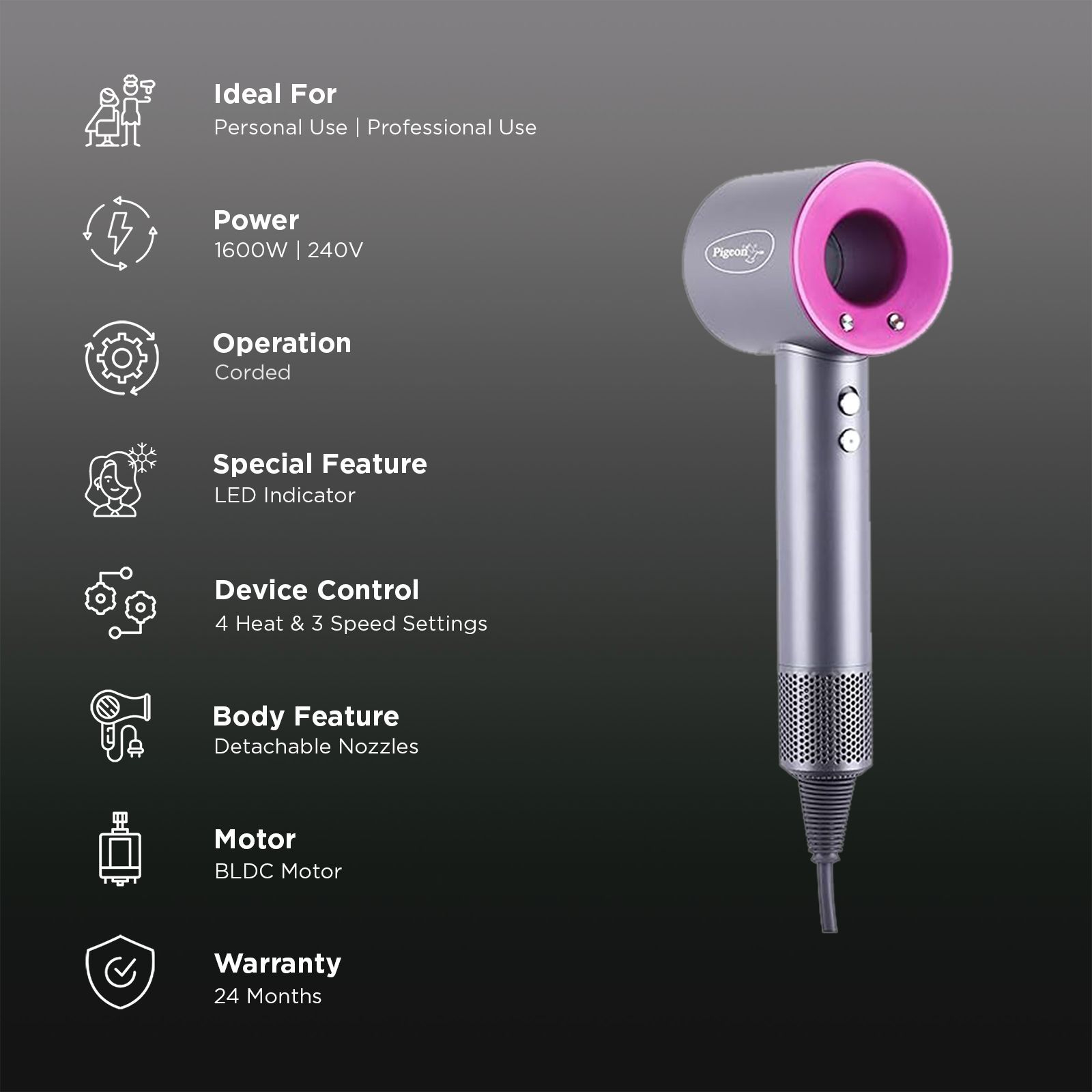 PIGEON Elegant BLDC 2-In-1 Hair Dryer with 4 Heat Settings & Cool Shot (Ionic Technology, Grey) PIGEON Elegant BLDC 2-In-1 Hair Dryer with 4 Heat Settings & Cool Shot (Ionic Technology, Grey)_2