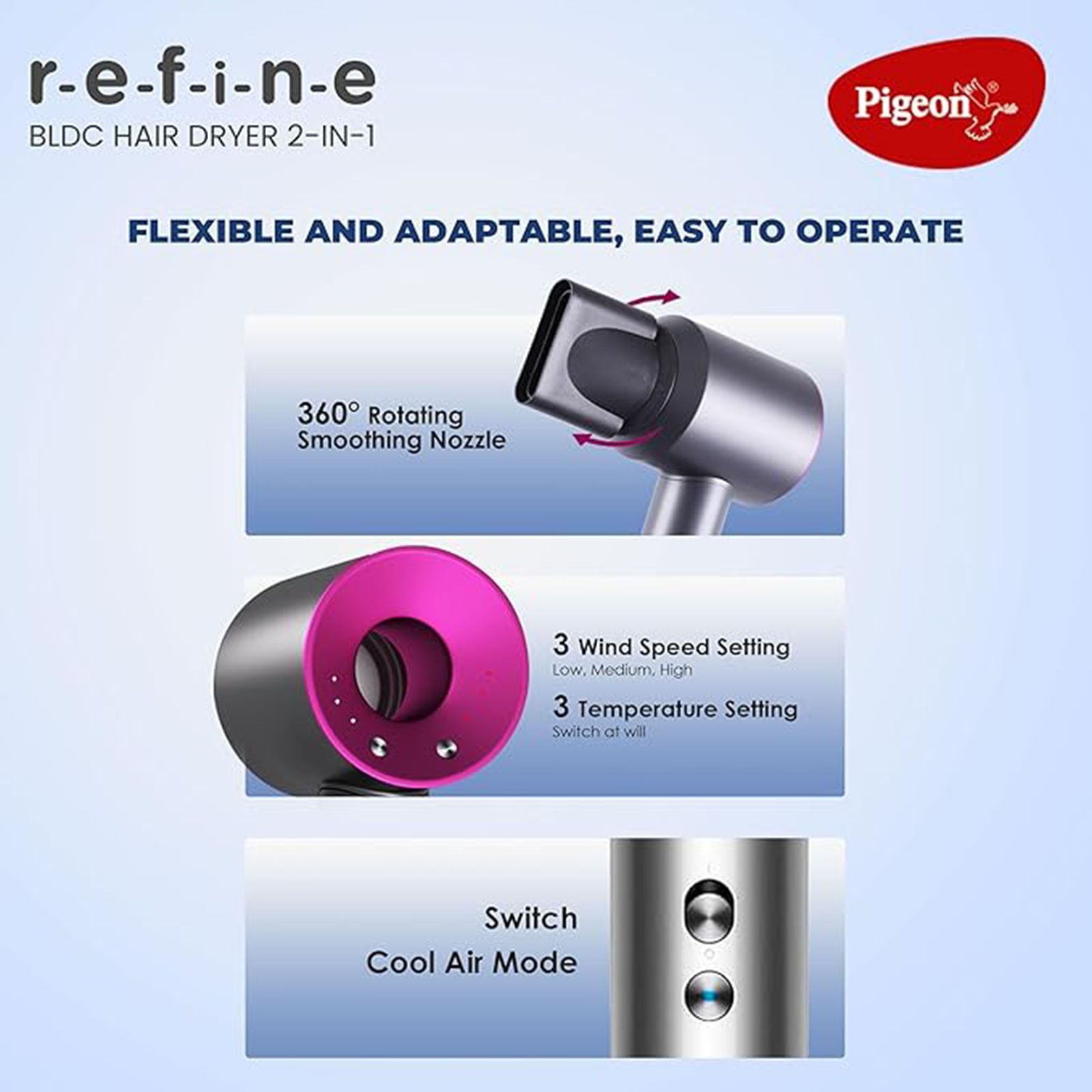 PIGEON Elegant BLDC 2-In-1 Hair Dryer with 4 Heat Settings & Cool Shot (Ionic Technology, Grey)_3