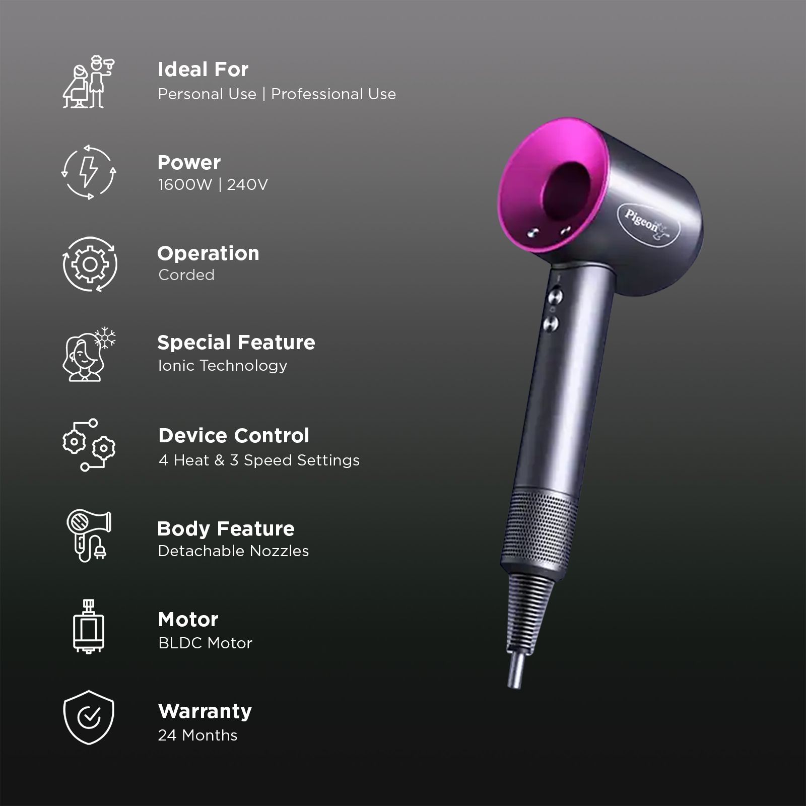 PIGEON Elegant BLDC 5-In-1 Hair Dryer with 4 Heat Settings & Cool Shot (Ionic Technology, Grey)_2
