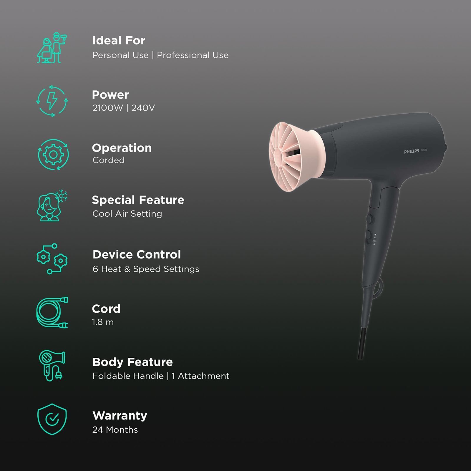 PHILIPS 3000 Series Hair Dryer with 6 Heat Settings & Cool Air Function (Ionic Technology, Pink & Black)_2