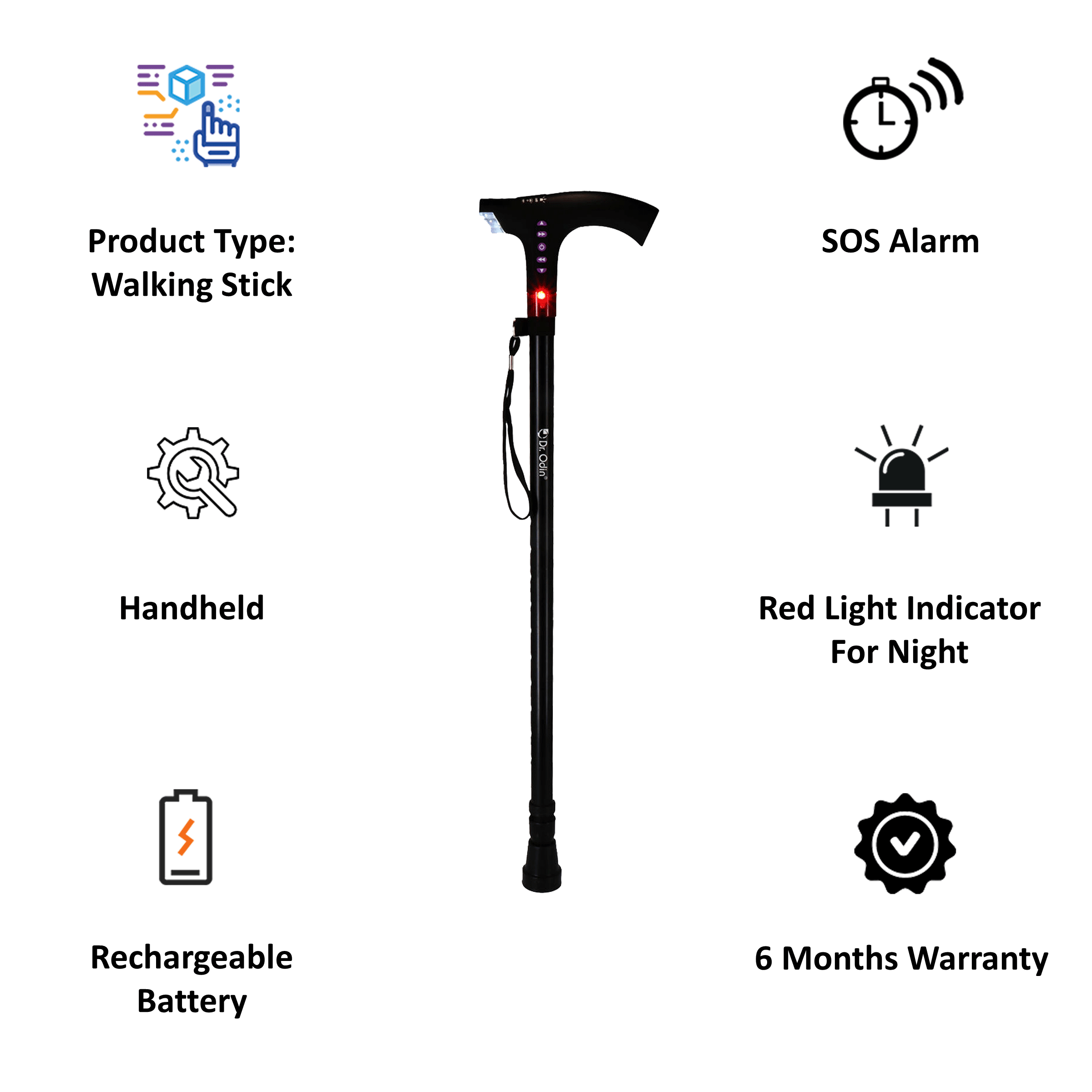 Dr. Odin Walking Stick (Emergency LED Light with Height Adjustment, 09A, Black)_2