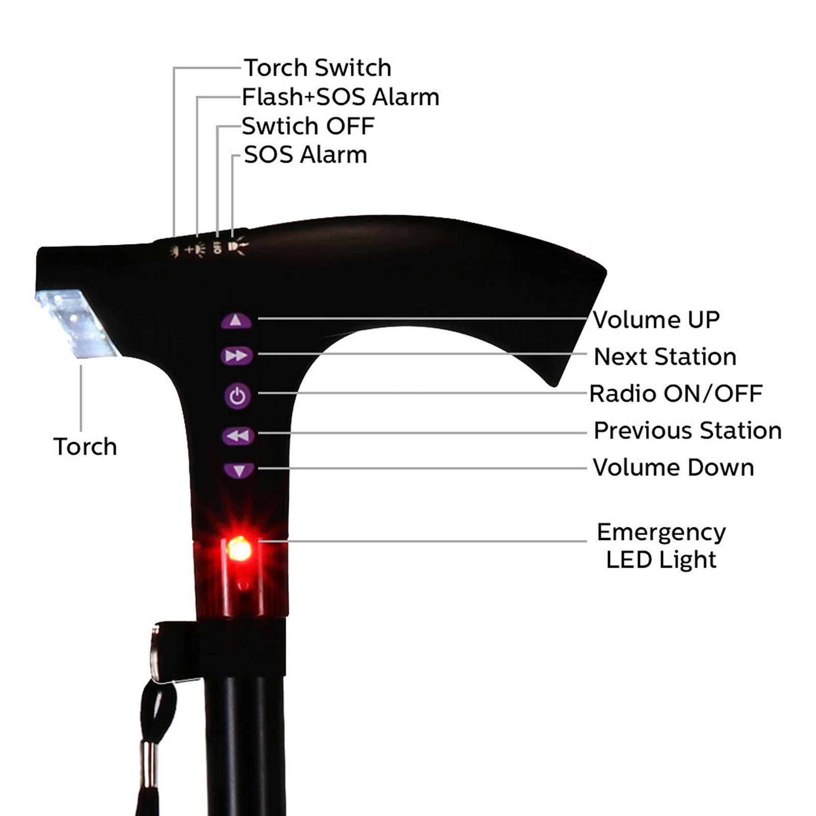Dr. Odin Walking Stick (Emergency LED Light with Height Adjustment, 09A, Black)_4